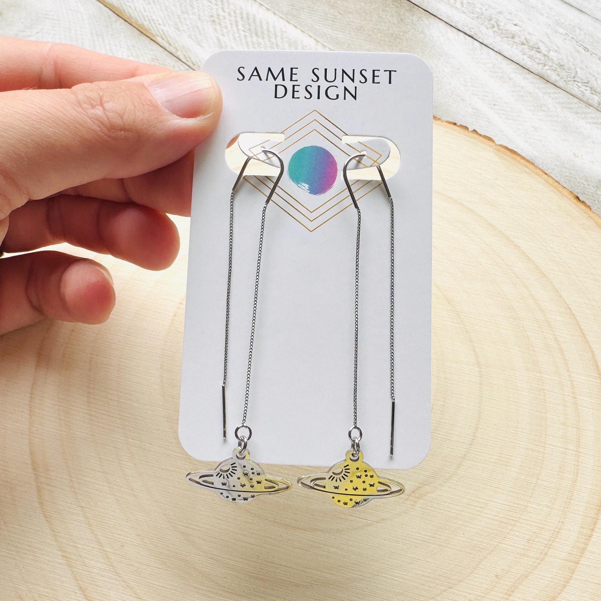 Saturn Earrings, Threader Earrings, Planet Earrings, Space Earrings, Whimsigoth Earrings, Unique Birthday Gift for Mom, Science Teacher Gift