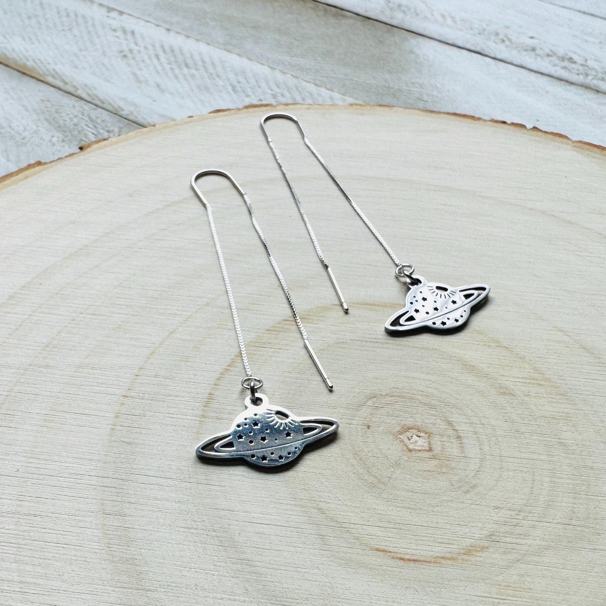 Saturn Earrings, Threader Earrings, Planet Earrings, Space Earrings, Whimsigoth Earrings, Unique Birthday Gift for Mom, Science Teacher Gift