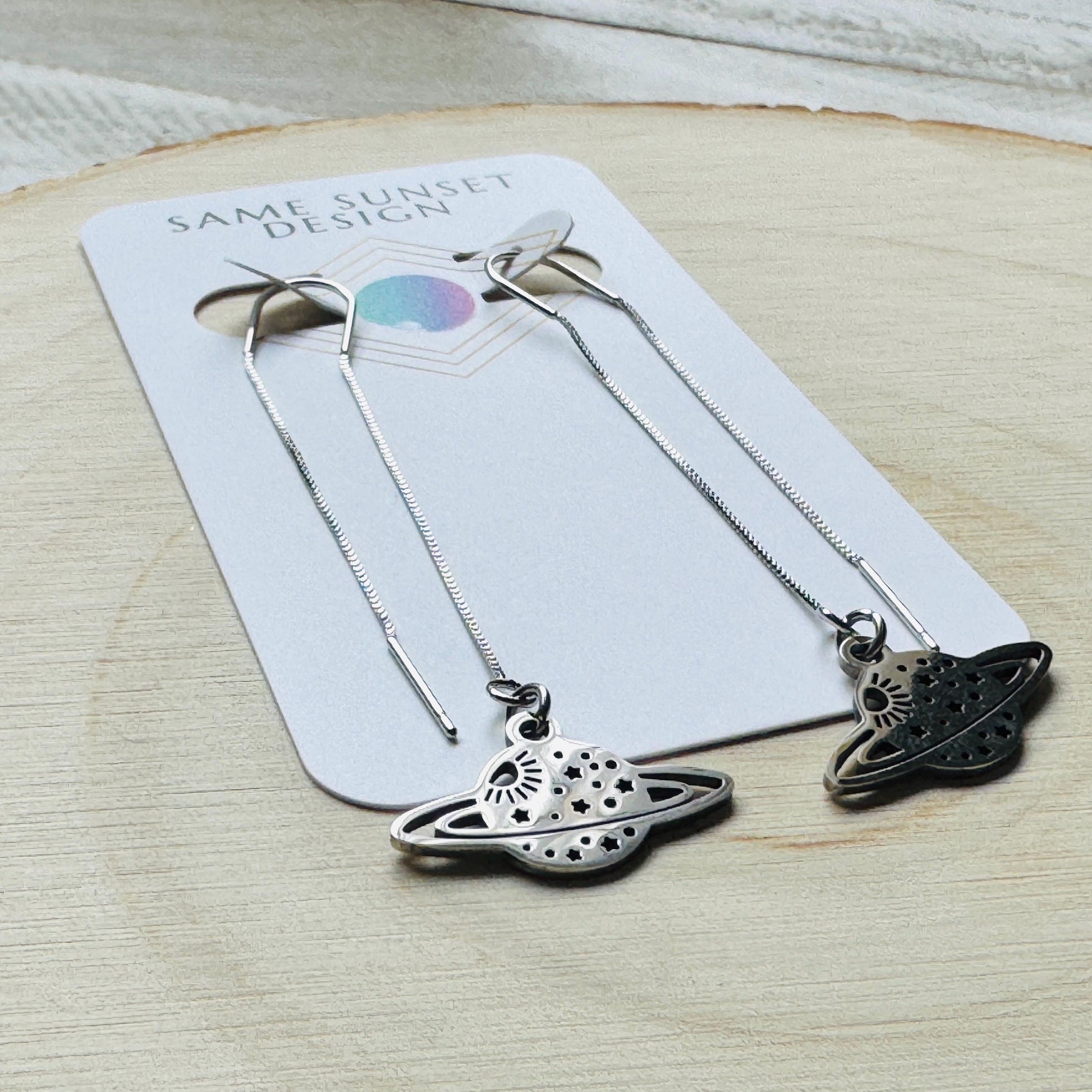 Saturn Earrings, Threader Earrings, Planet Earrings, Space Earrings, Whimsigoth Earrings, Unique Birthday Gift for Mom, Science Teacher Gift