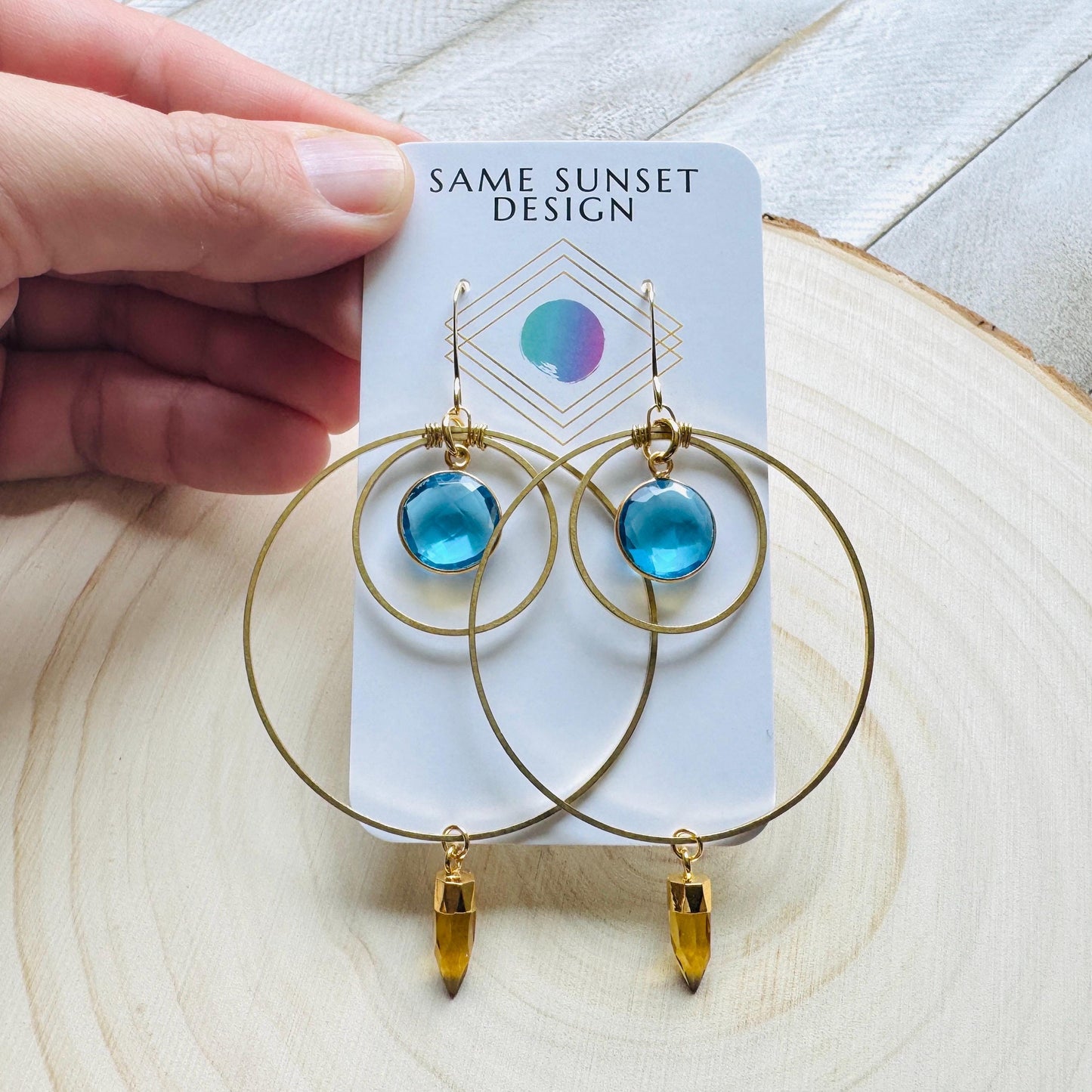 Topaz Earrings Dangle, Brass Hoop Earrings Large, Geometric Jewelry, Western Jewelry, Unique Birthday Gift for Mom, Graduation Gifts