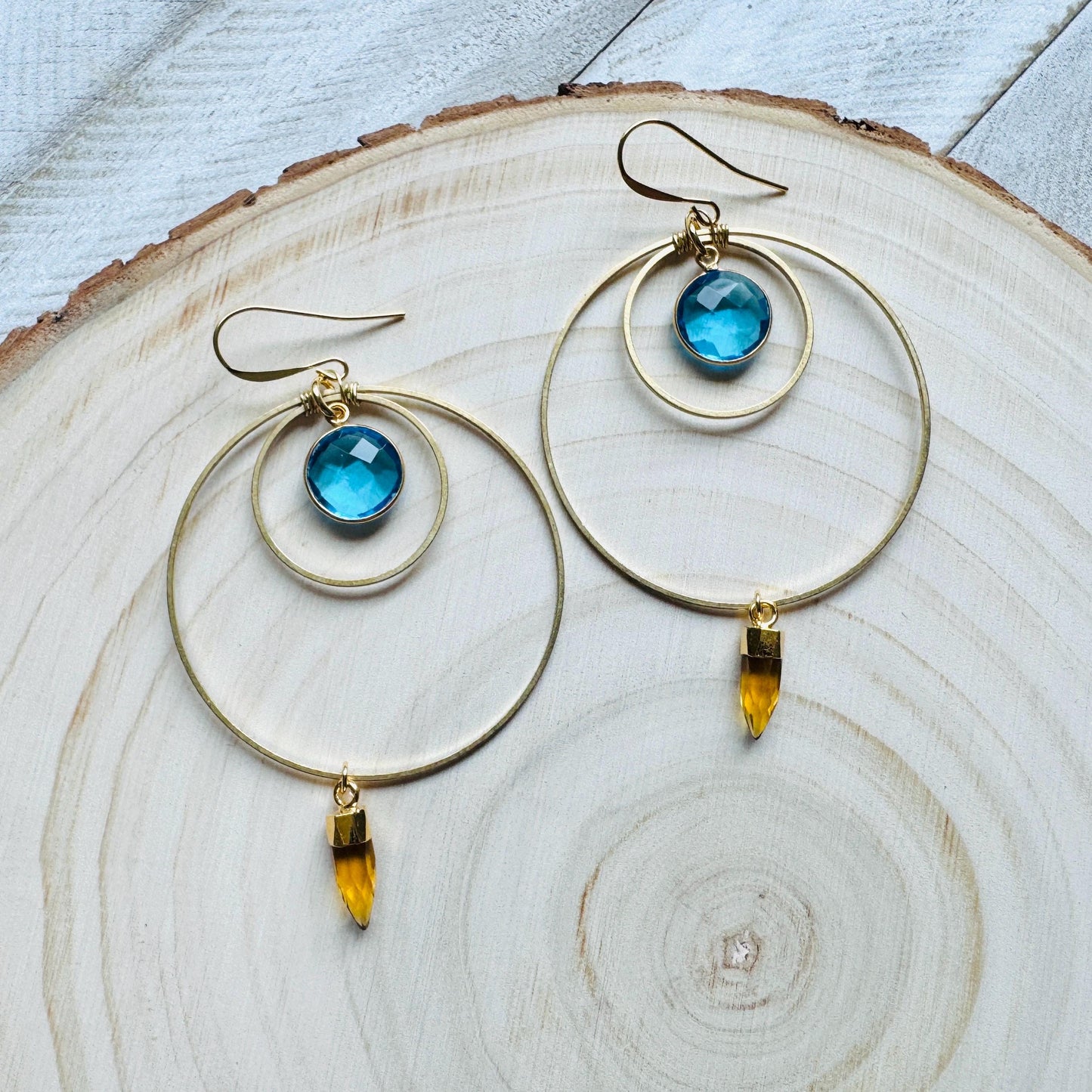 Topaz Earrings Dangle, Brass Hoop Earrings Large, Geometric Jewelry, Western Jewelry, Unique Birthday Gift for Mom, Graduation Gifts