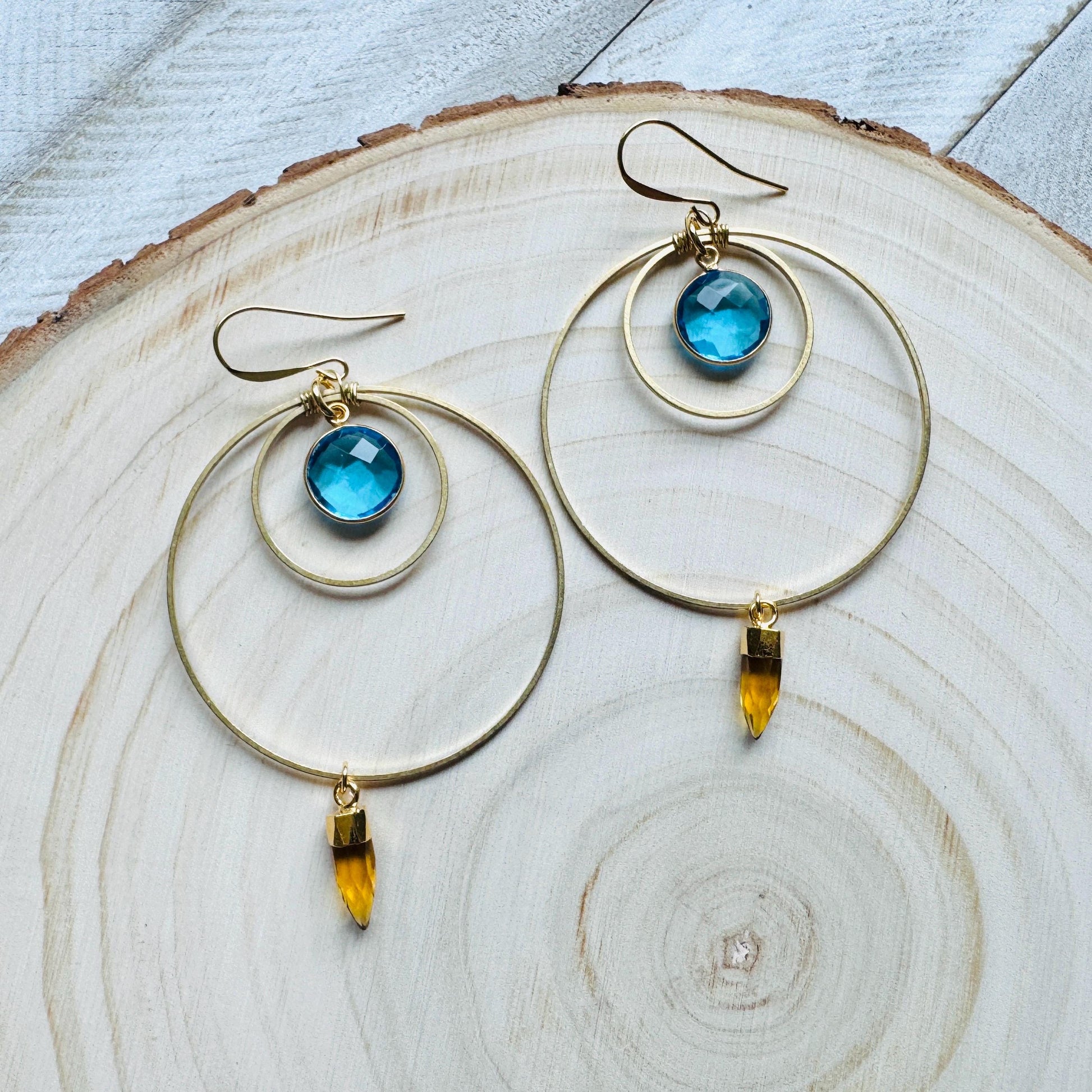Topaz Earrings Dangle, Brass Hoop Earrings Large, Geometric Jewelry, Western Jewelry, Unique Birthday Gift for Mom, Graduation Gifts