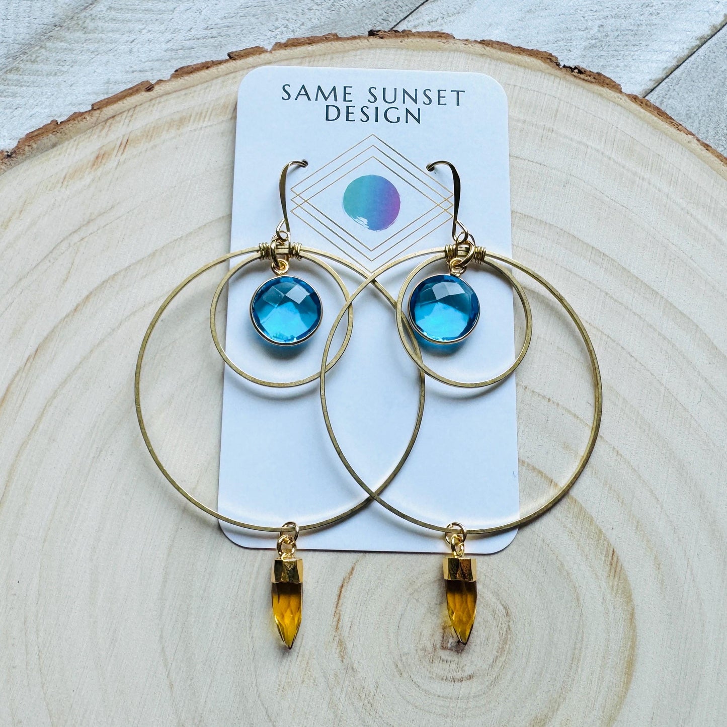 Topaz Earrings Dangle, Brass Hoop Earrings Large, Geometric Jewelry, Western Jewelry, Unique Birthday Gift for Mom, Graduation Gifts