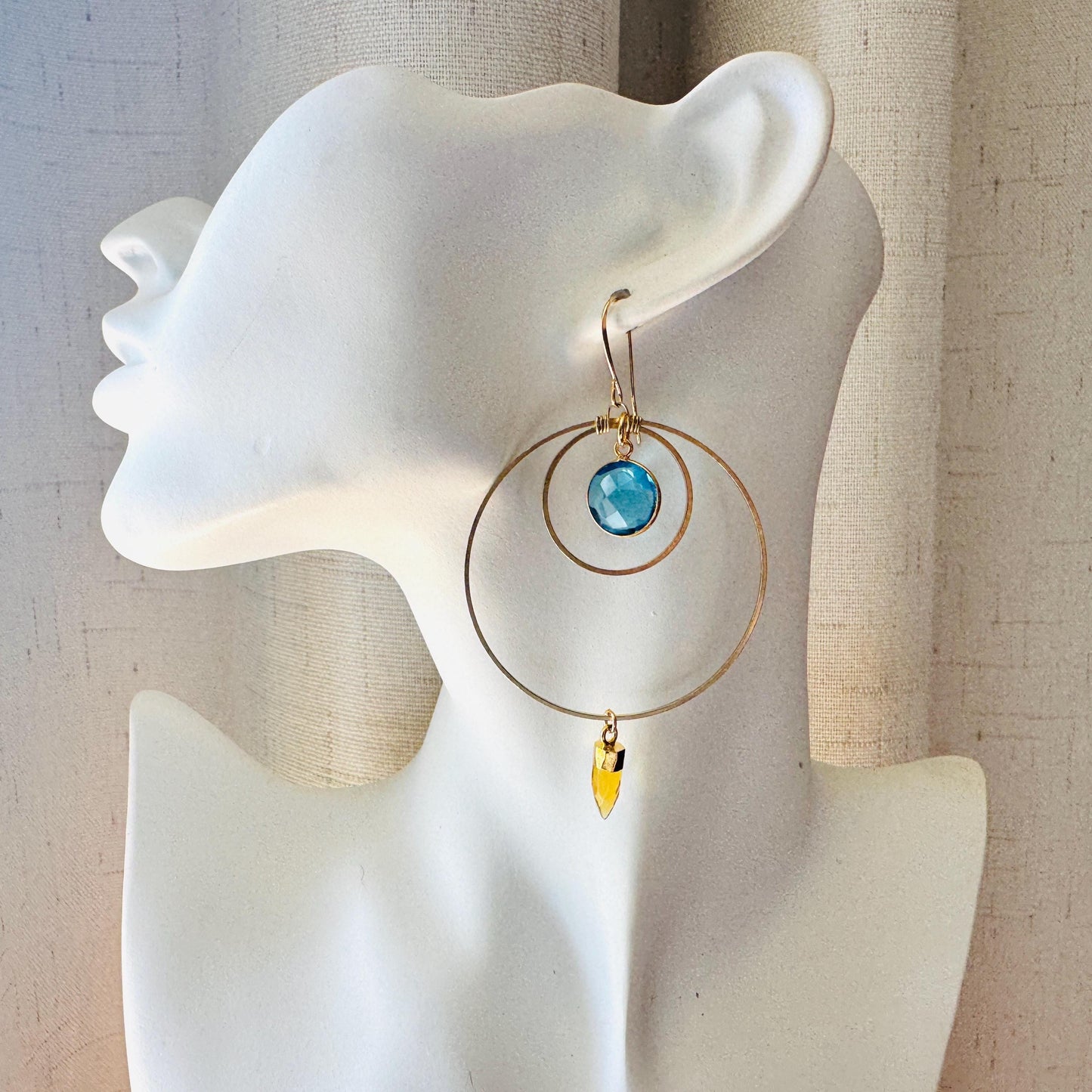 Topaz Earrings Dangle, Brass Hoop Earrings Large, Geometric Jewelry, Western Jewelry, Unique Birthday Gift for Mom, Graduation Gifts