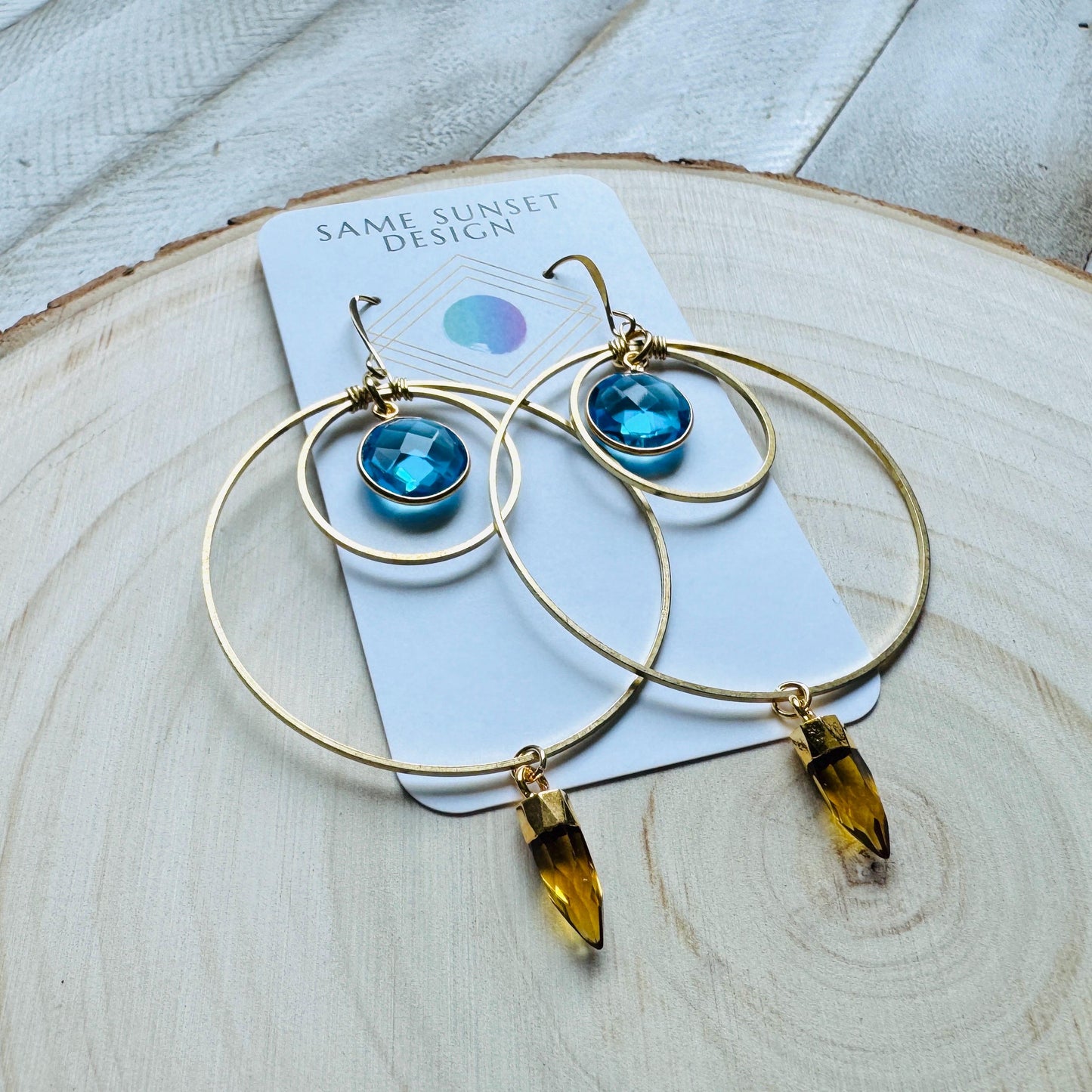 Topaz Earrings Dangle, Brass Hoop Earrings Large, Geometric Jewelry, Western Jewelry, Unique Birthday Gift for Mom, Graduation Gifts