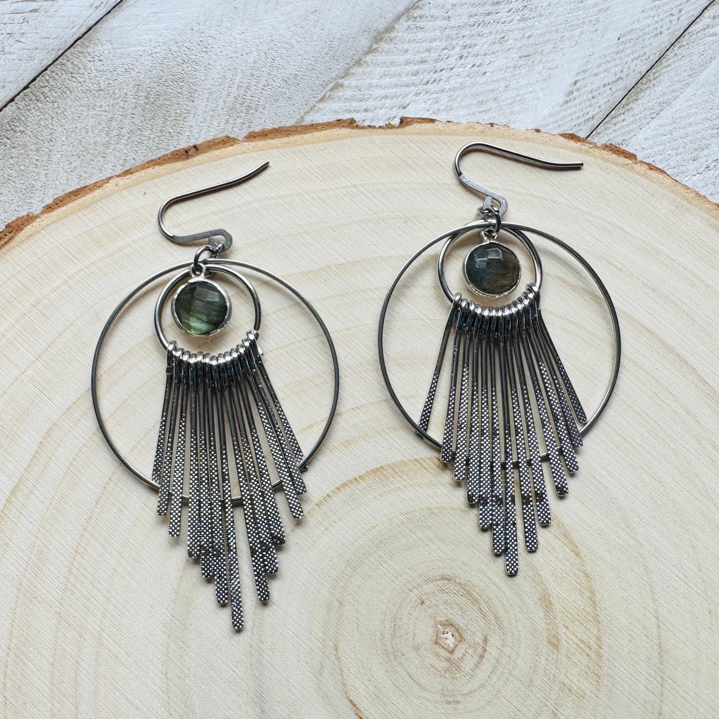 Silver Hoop Earrings, Celestial Earrings Silver, Labradorite Earrings, Wedding Jewelry for Brides, Unique Birthday Gift for Mom, Boho Chic