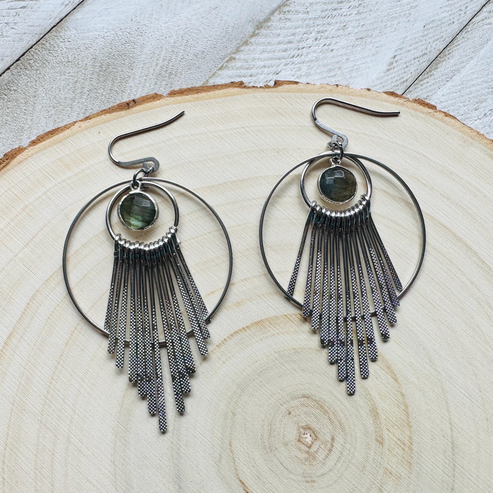 Silver Hoop Earrings, Celestial Earrings Silver, Labradorite Earrings, Wedding Jewelry for Brides, Unique Birthday Gift for Mom, Boho Chic