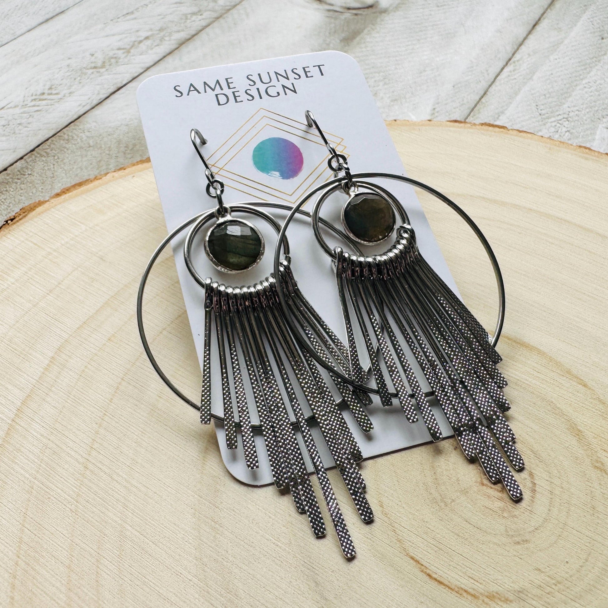 Silver Hoop Earrings, Celestial Earrings Silver, Labradorite Earrings, Wedding Jewelry for Brides, Unique Birthday Gift for Mom, Boho Chic