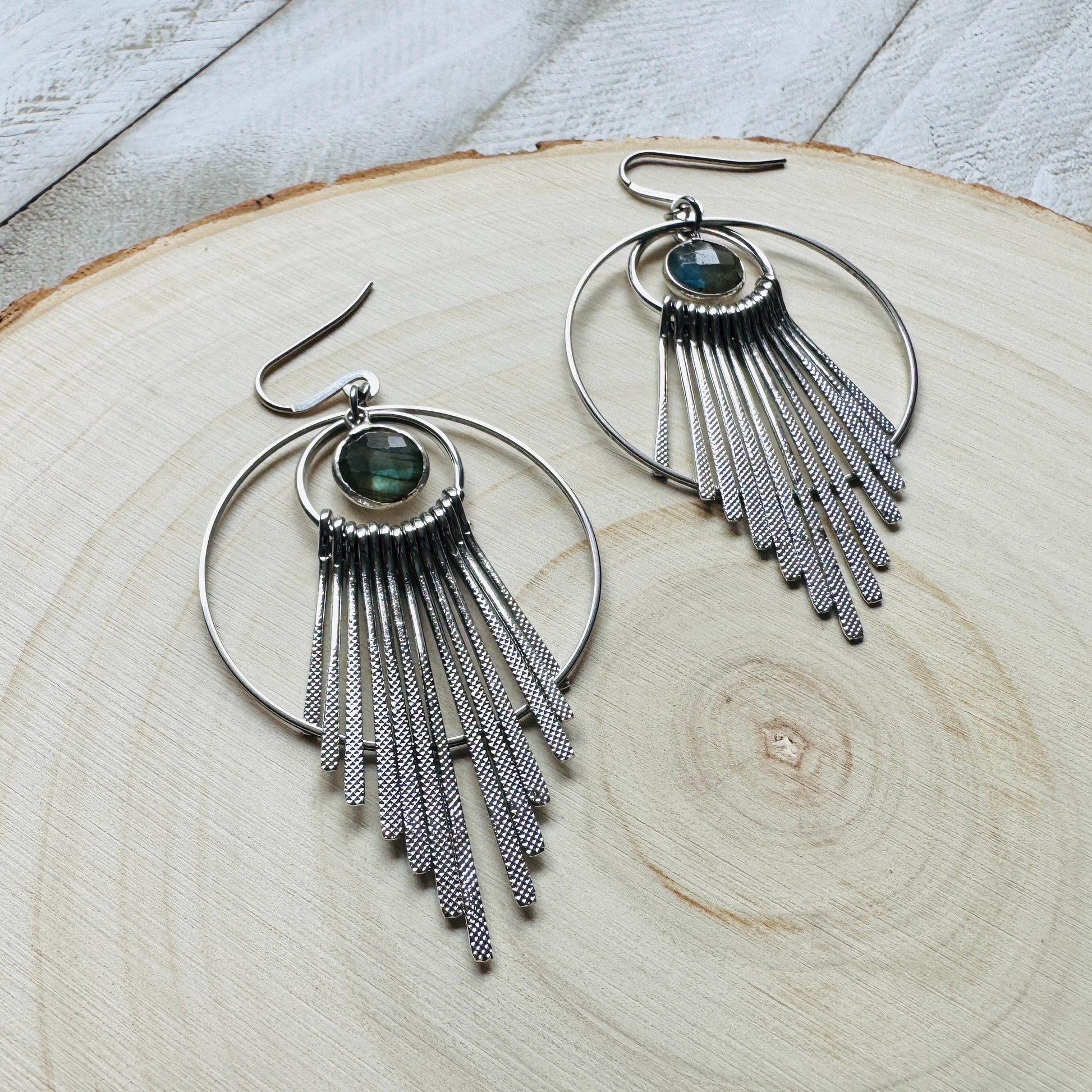 Silver Hoop Earrings, Celestial Earrings Silver, Labradorite Earrings, Wedding Jewelry for Brides, Unique Birthday Gift for Mom, Boho Chic