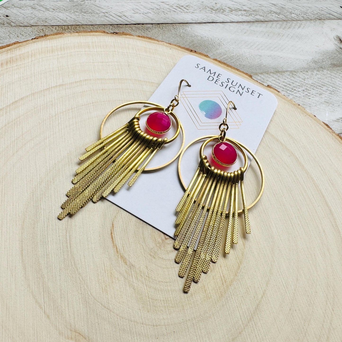 Pink Chalcedony Earrings, Boho Fringe Earrings, Celestial Earrings Gold, Western Earrings, Unique Birthday Gift for Mom, Metaphysical Gifts