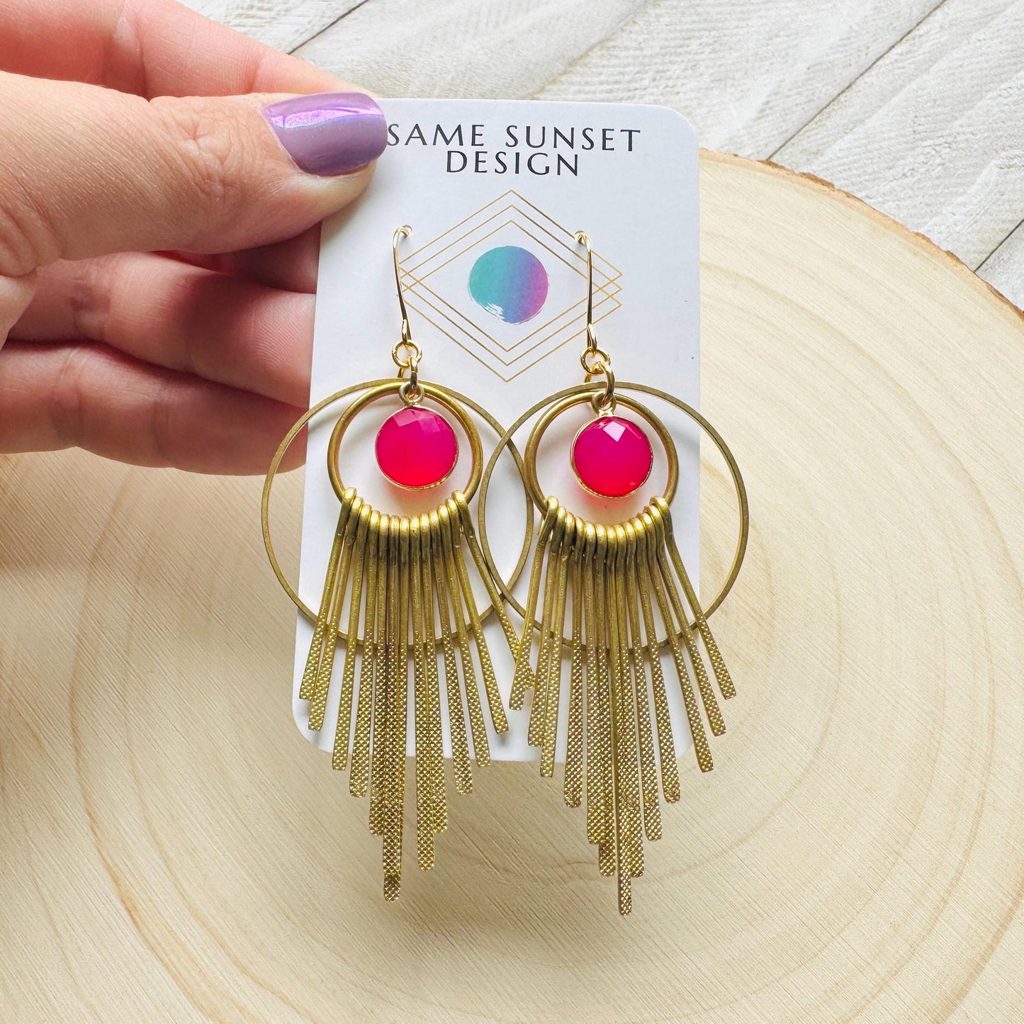 Pink Chalcedony Earrings, Boho Fringe Earrings, Celestial Earrings Gold, Western Earrings, Unique Birthday Gift for Mom, Metaphysical Gifts