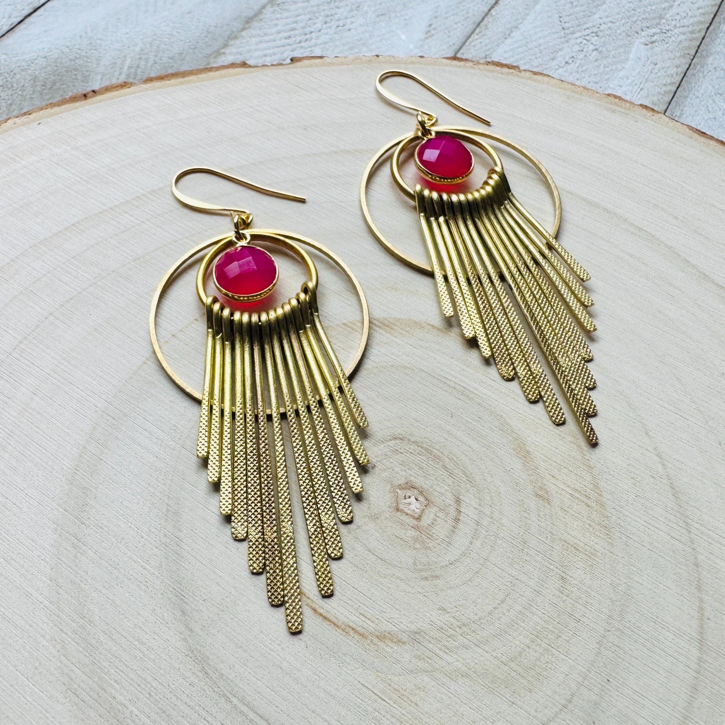 Pink Chalcedony Earrings, Boho Fringe Earrings, Celestial Earrings Gold, Western Earrings, Unique Birthday Gift for Mom, Metaphysical Gifts