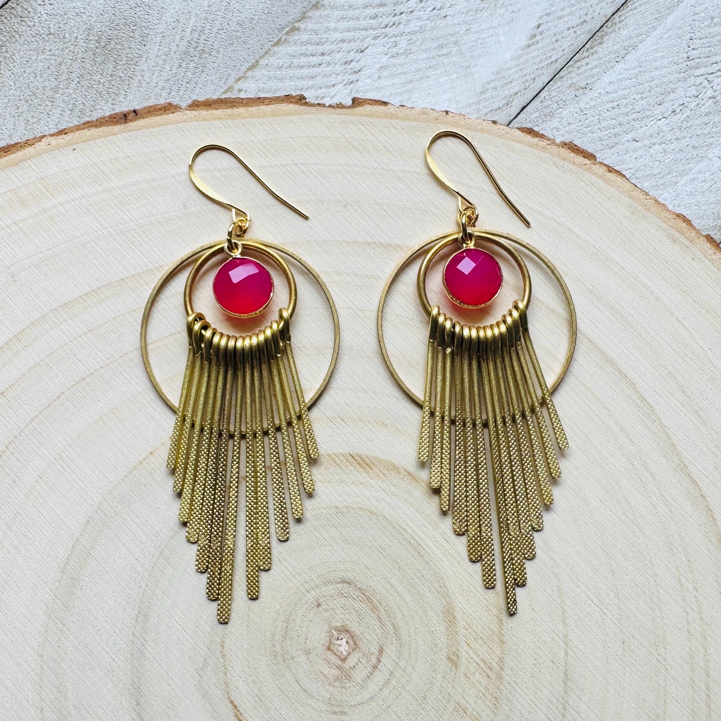 Pink Chalcedony Earrings, Boho Fringe Earrings, Celestial Earrings Gold, Western Earrings, Unique Birthday Gift for Mom, Metaphysical Gifts