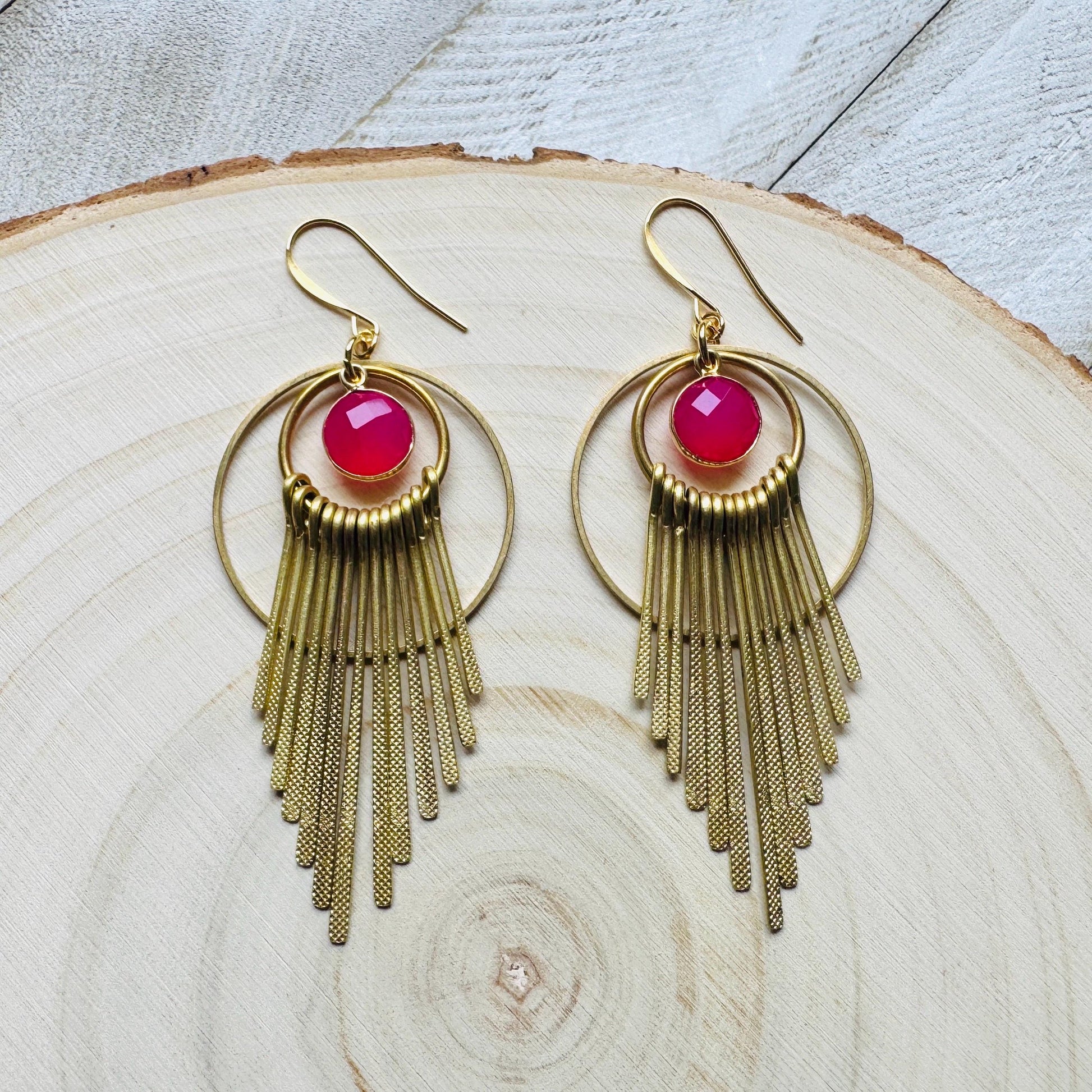 Pink Chalcedony Earrings, Boho Fringe Earrings, Celestial Earrings Gold, Western Earrings, Unique Birthday Gift for Mom, Metaphysical Gifts