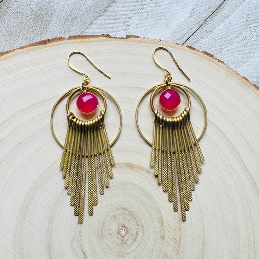 Pink Chalcedony Earrings, Boho Fringe Earrings, Celestial Earrings Gold, Western Earrings, Unique Birthday Gift for Mom, Metaphysical Gifts