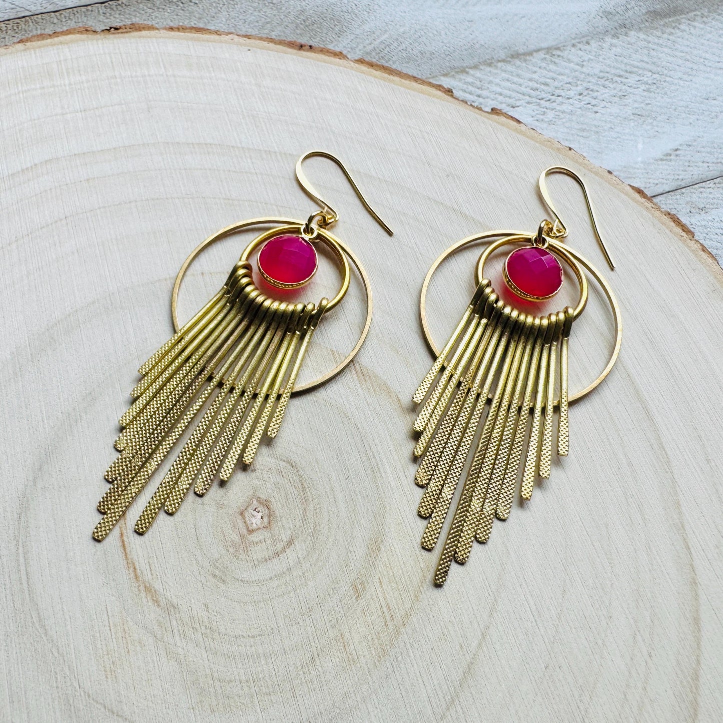 Pink Chalcedony Earrings, Boho Fringe Earrings, Celestial Earrings Gold, Western Earrings, Unique Birthday Gift for Mom, Metaphysical Gifts