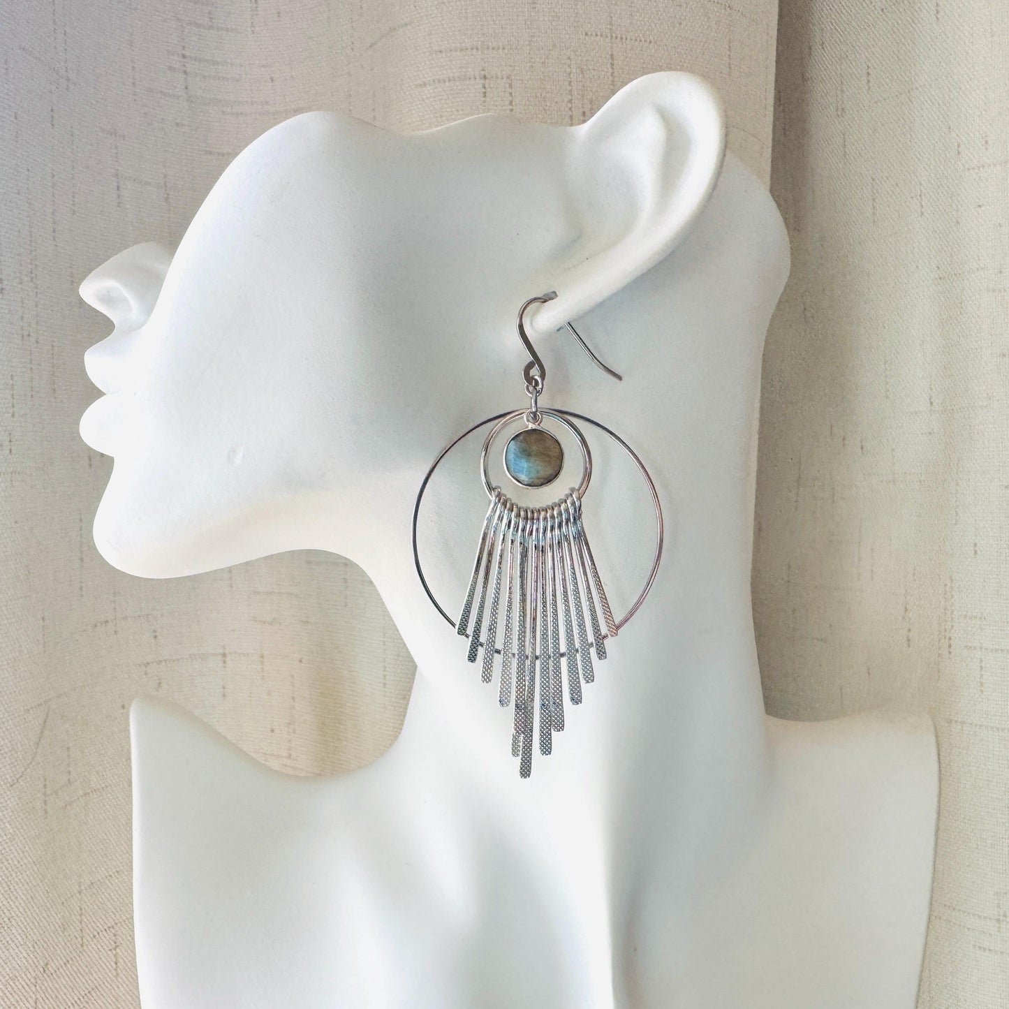 Silver Hoop Earrings, Celestial Earrings Silver, Labradorite Earrings, Wedding Jewelry for Brides, Unique Birthday Gift for Mom, Boho Chic