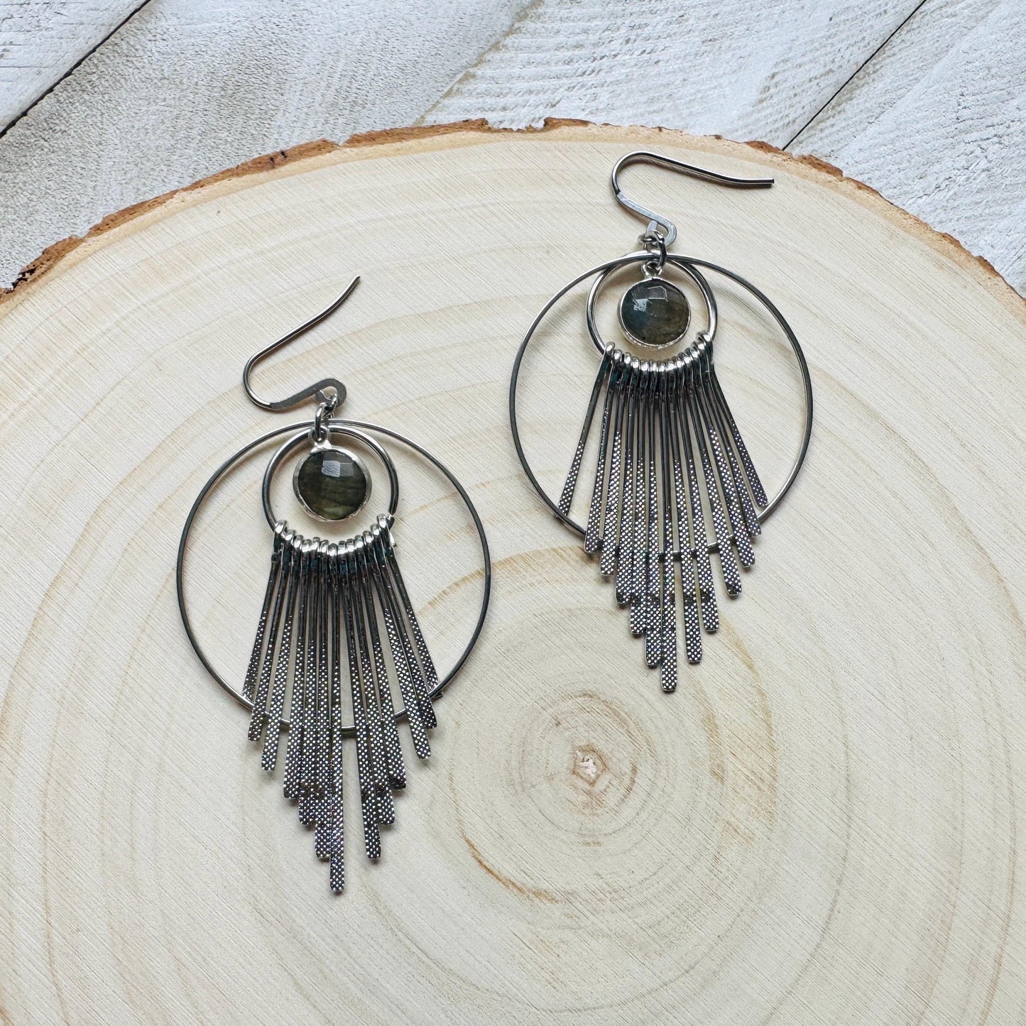 Silver Hoop Earrings, Celestial Earrings Silver, Labradorite Earrings, Wedding Jewelry for Brides, Unique Birthday Gift for Mom, Boho Chic