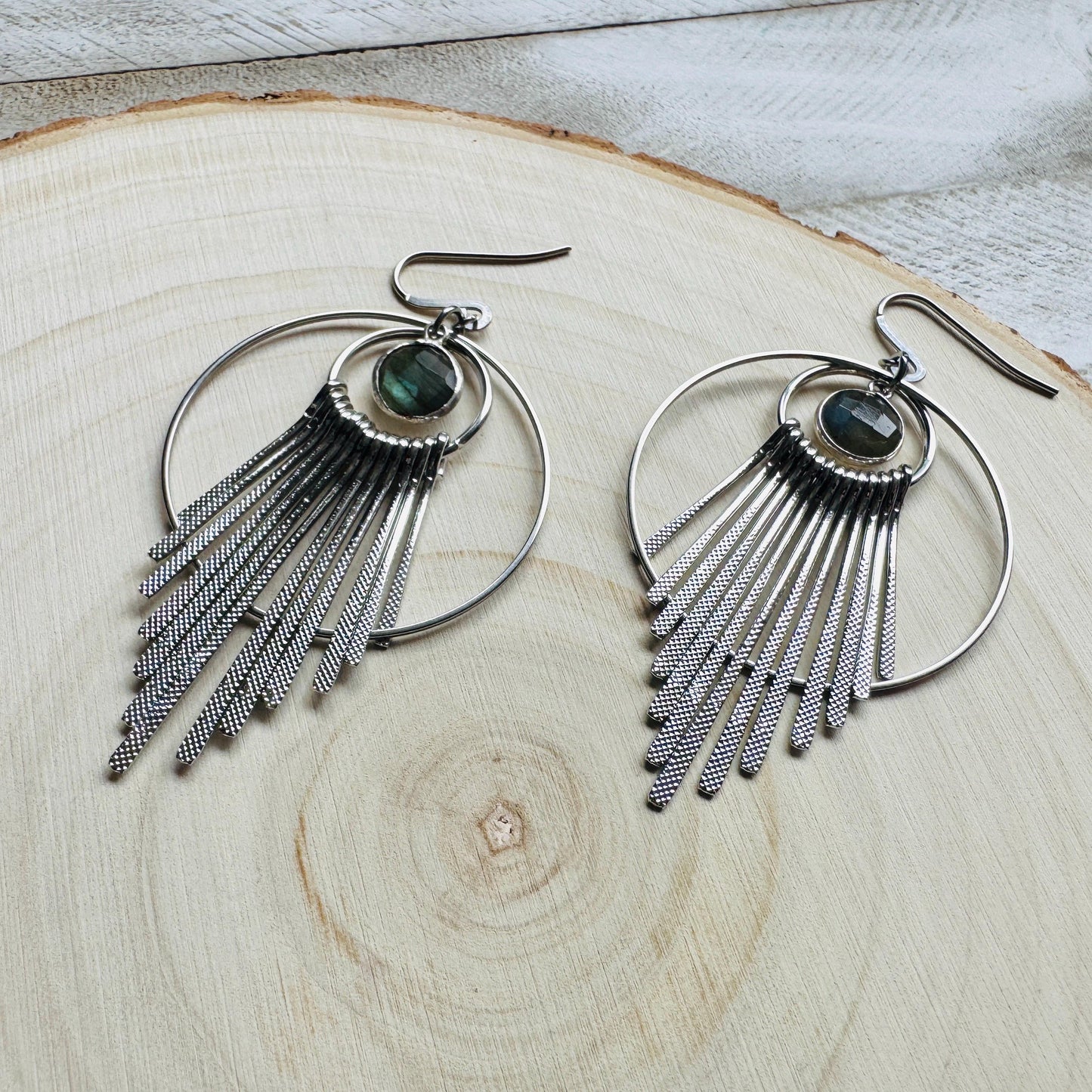 Silver Hoop Earrings, Celestial Earrings Silver, Labradorite Earrings, Wedding Jewelry for Brides, Unique Birthday Gift for Mom, Boho Chic