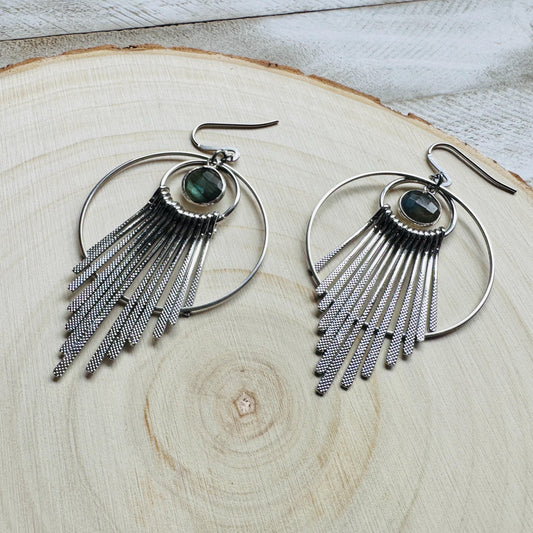 Silver Hoop Earrings, Celestial Earrings Silver, Labradorite Earrings, Wedding Jewelry for Brides, Unique Birthday Gift for Mom, Boho Chic