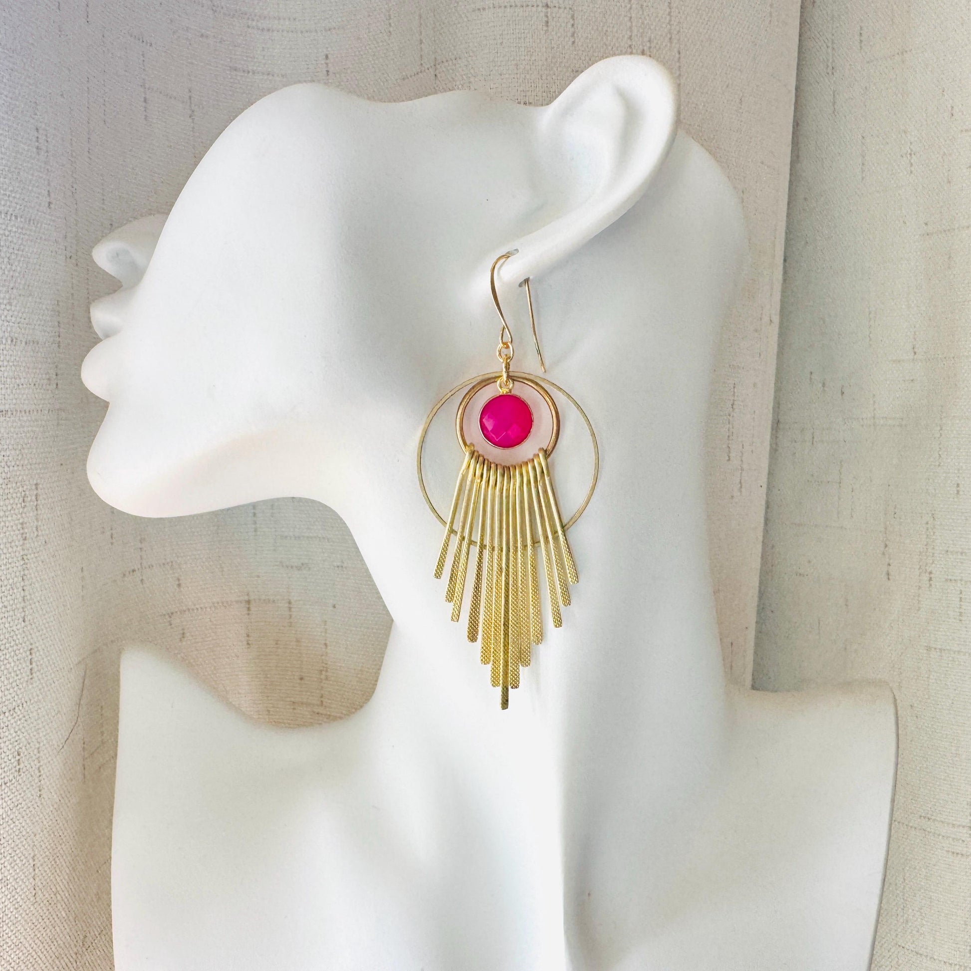 Pink Chalcedony Earrings, Boho Fringe Earrings, Celestial Earrings Gold, Western Earrings, Unique Birthday Gift for Mom, Metaphysical Gifts