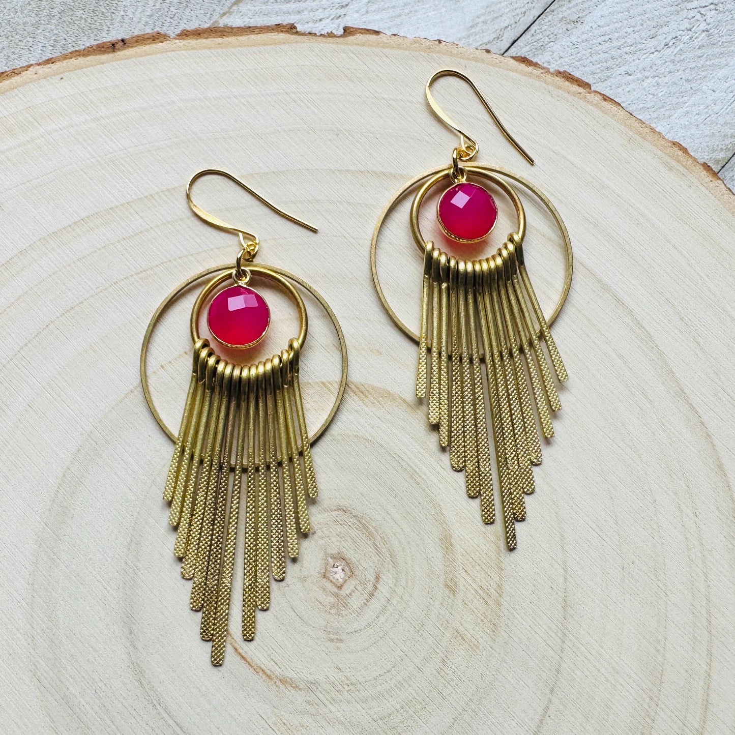 Pink Chalcedony Earrings, Boho Fringe Earrings, Celestial Earrings Gold, Western Earrings, Unique Birthday Gift for Mom, Metaphysical Gifts