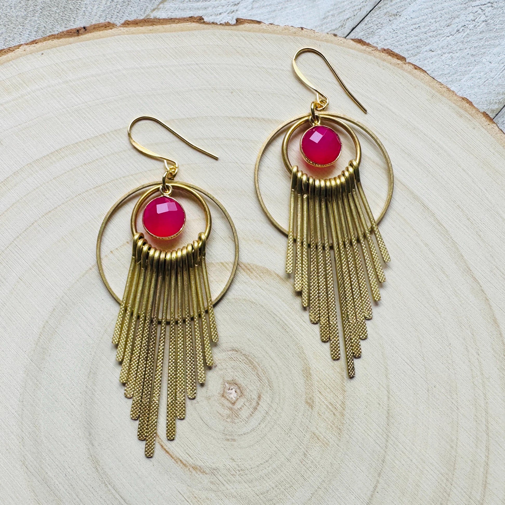Pink Chalcedony Earrings, Boho Fringe Earrings, Celestial Earrings Gold, Western Earrings, Unique Birthday Gift for Mom, Metaphysical Gifts