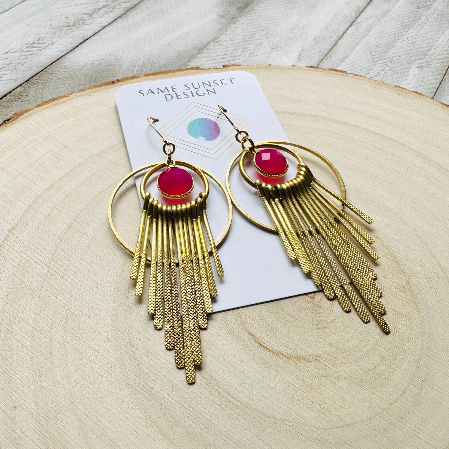 Pink Chalcedony Earrings, Boho Fringe Earrings, Celestial Earrings Gold, Western Earrings, Unique Birthday Gift for Mom, Metaphysical Gifts