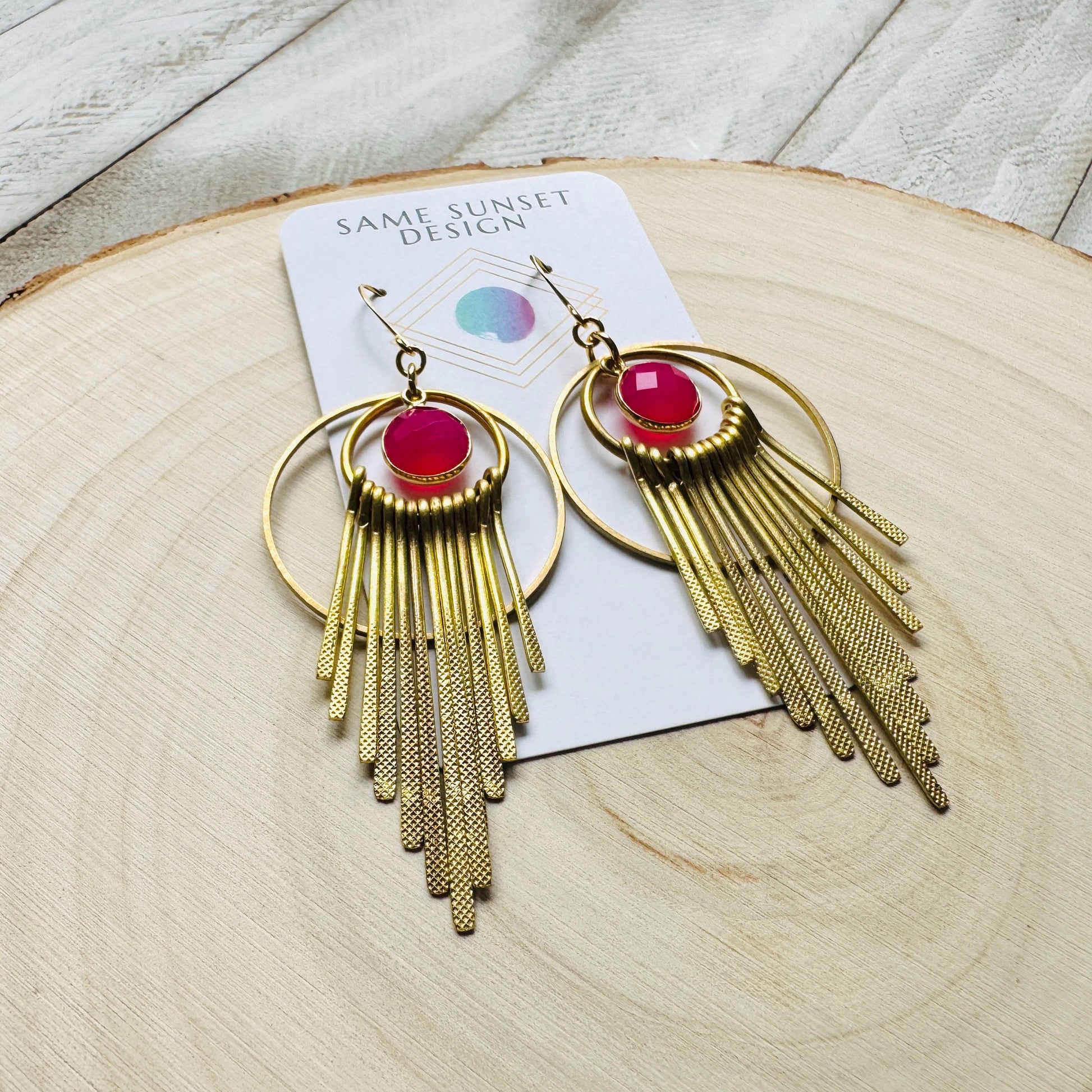 Pink Chalcedony Earrings, Boho Fringe Earrings, Celestial Earrings Gold, Western Earrings, Unique Birthday Gift for Mom, Metaphysical Gifts