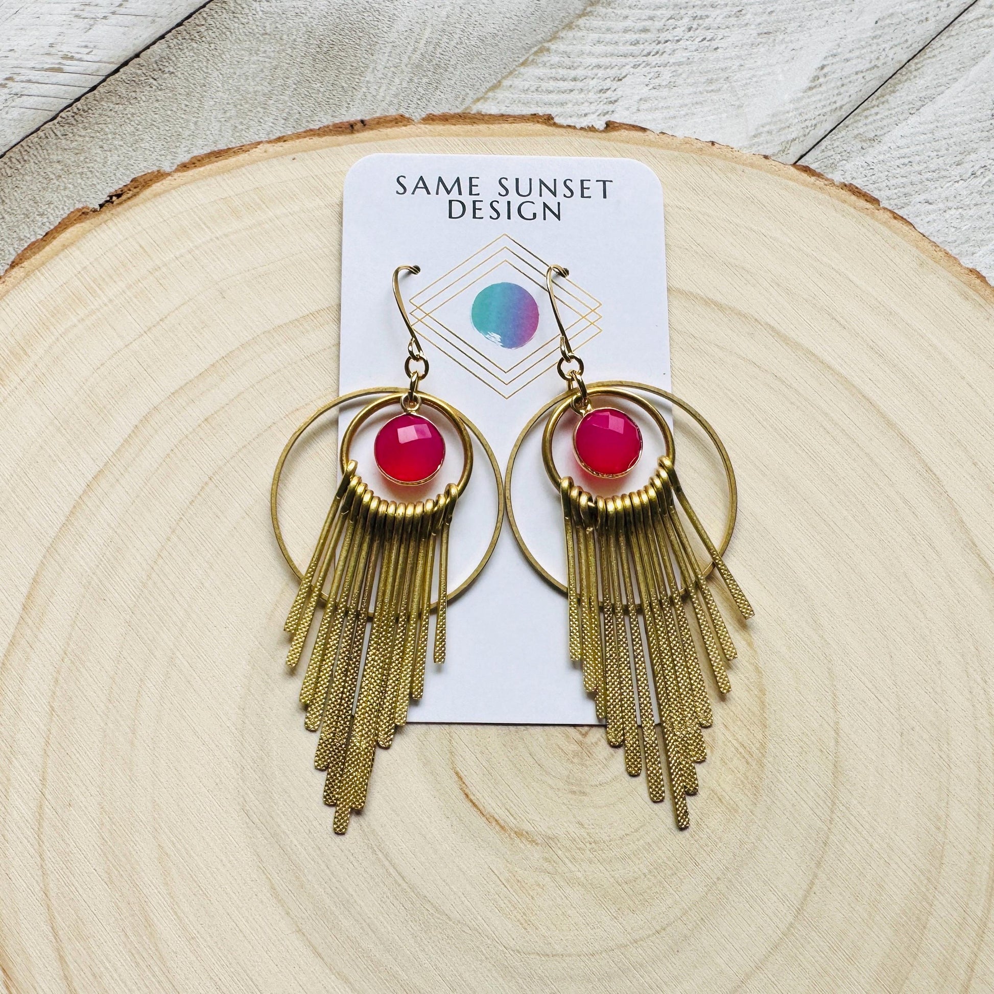 Pink Chalcedony Earrings, Boho Fringe Earrings, Celestial Earrings Gold, Western Earrings, Unique Birthday Gift for Mom, Metaphysical Gifts