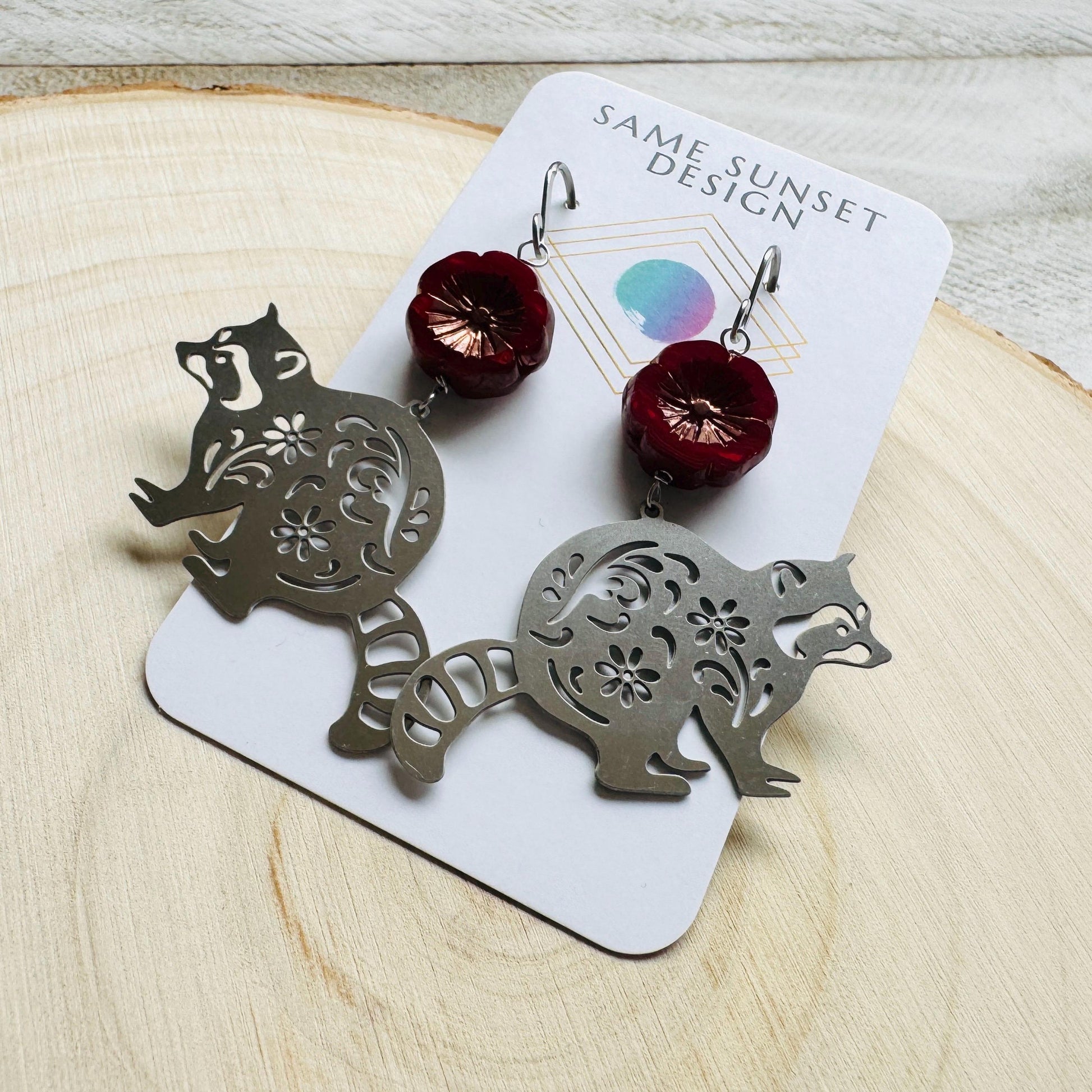 Raccoon Earrings, Animal Earrings Silver, Glass Flower Earrings, Earrings for Wedding Day, Cottagecore Jewelry, Unique Birthday Gift for Mom
