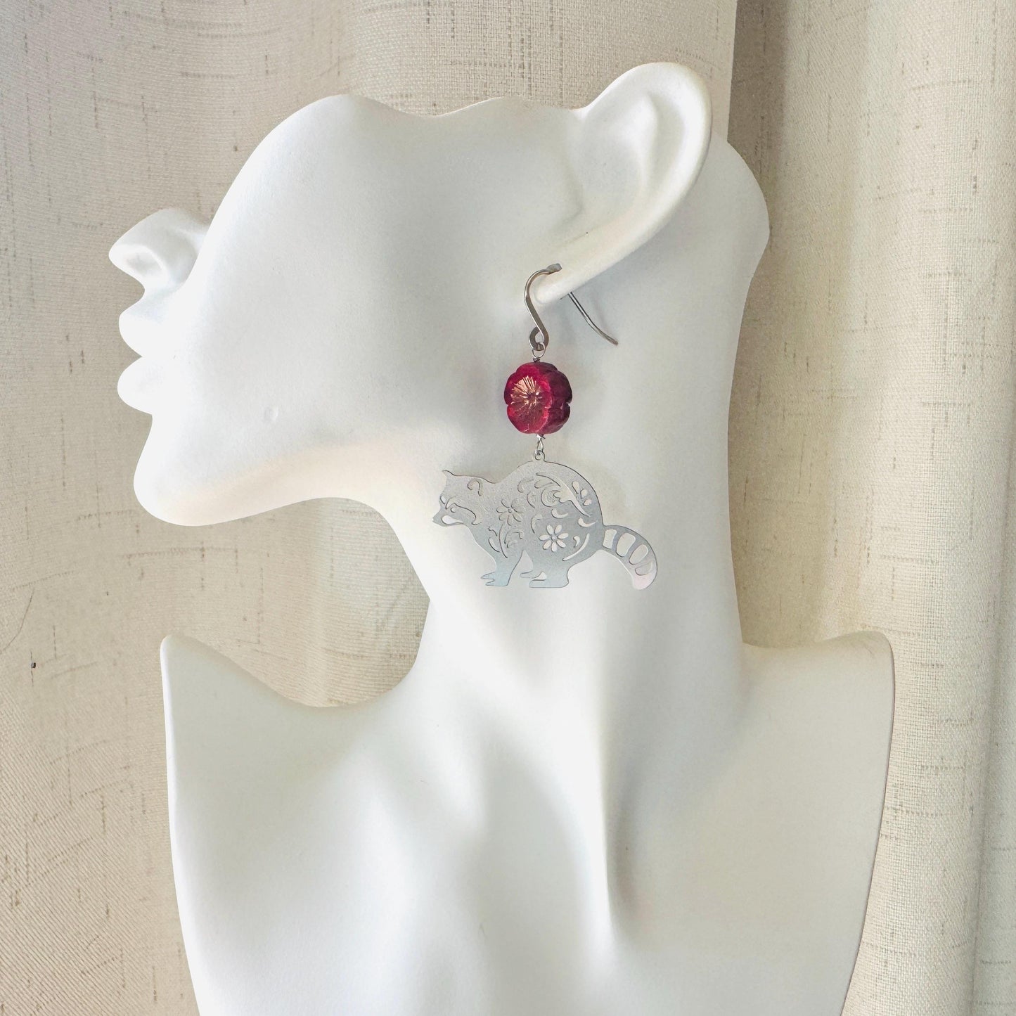 Raccoon Earrings, Animal Earrings Silver, Glass Flower Earrings, Earrings for Wedding Day, Cottagecore Jewelry, Unique Birthday Gift for Mom