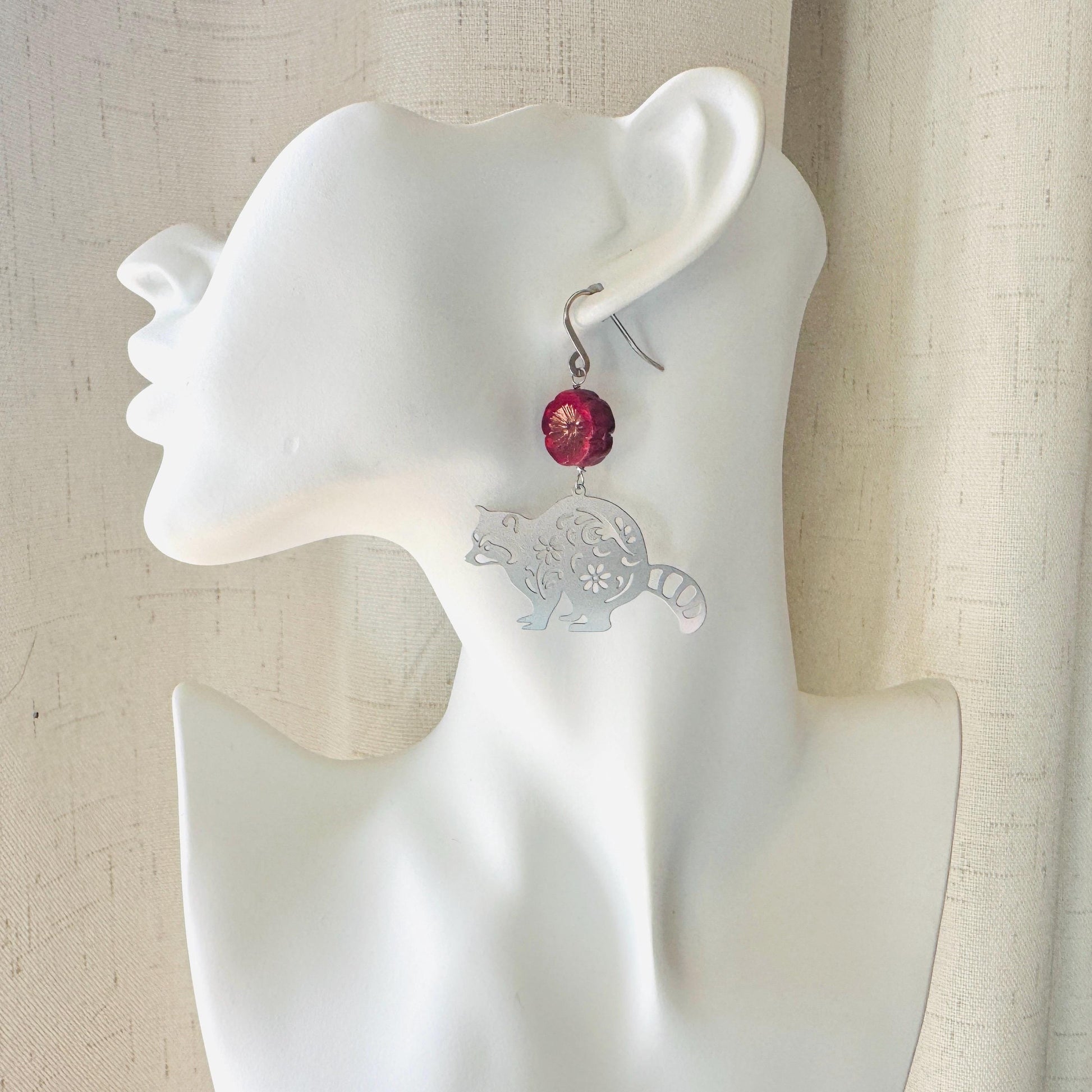 Raccoon Earrings, Animal Earrings Silver, Glass Flower Earrings, Earrings for Wedding Day, Cottagecore Jewelry, Unique Birthday Gift for Mom