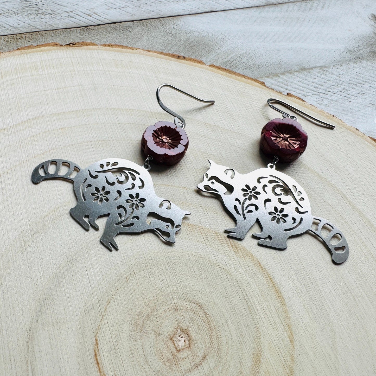 Raccoon Earrings, Animal Earrings Silver, Glass Flower Earrings, Earrings for Wedding Day, Cottagecore Jewelry, Unique Birthday Gift for Mom