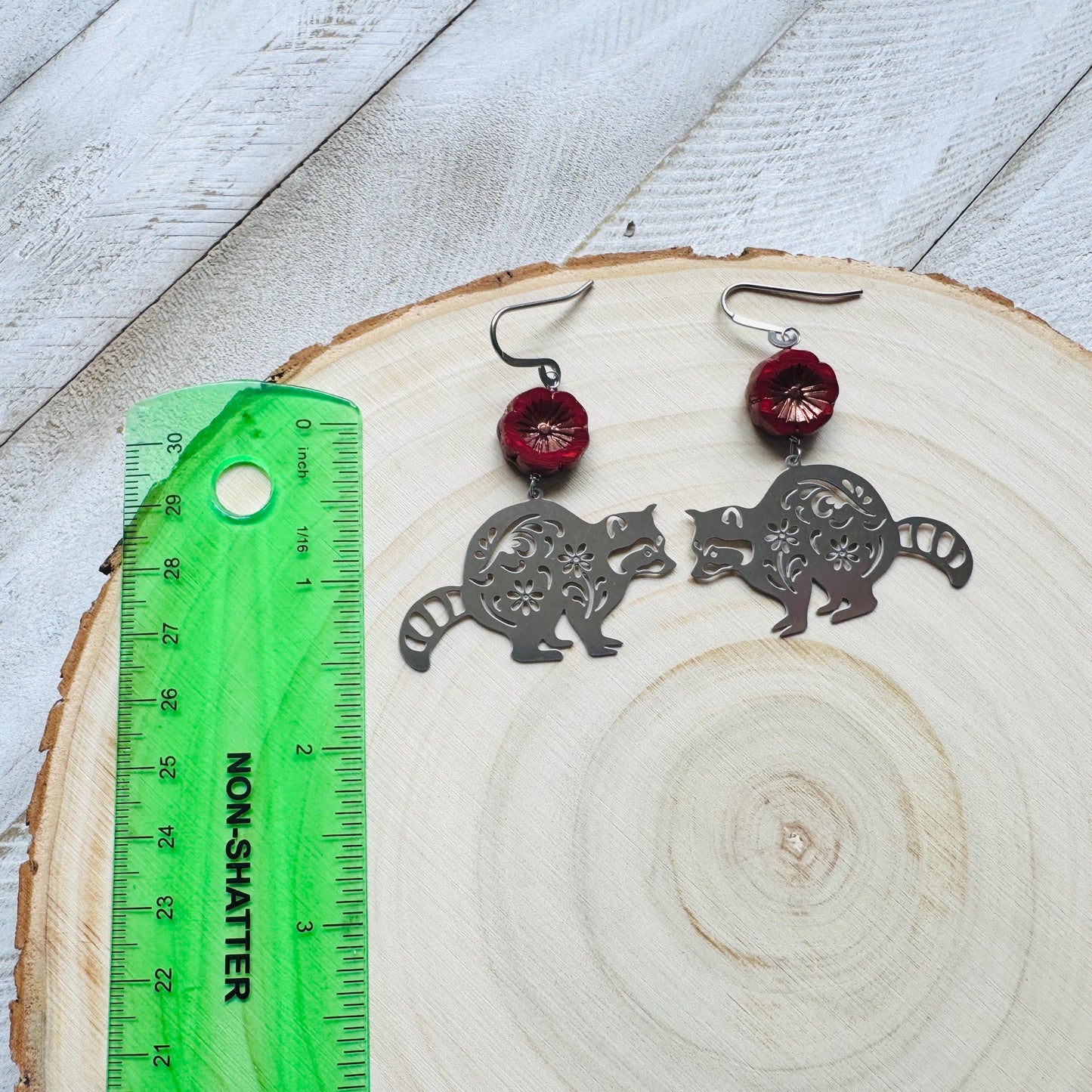 Raccoon Earrings, Animal Earrings Silver, Glass Flower Earrings, Earrings for Wedding Day, Cottagecore Jewelry, Unique Birthday Gift for Mom
