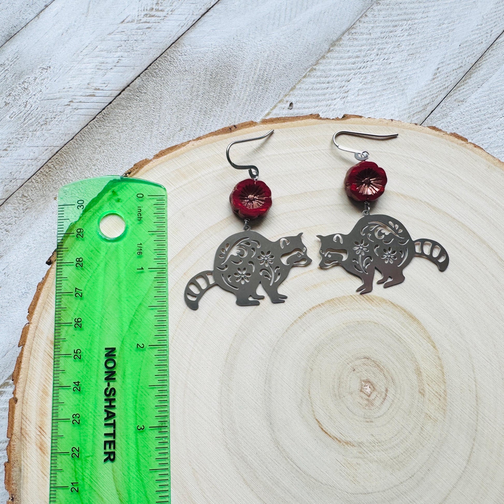 Raccoon Earrings, Animal Earrings Silver, Glass Flower Earrings, Earrings for Wedding Day, Cottagecore Jewelry, Unique Birthday Gift for Mom