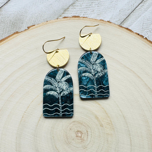 Palm Tree Earrings, Tropical Plant Earrings, Vacation Jewelry, Brass Dangle Earrings, Anniversary Gift for Girlfriend, Bridesmaid Jewelry