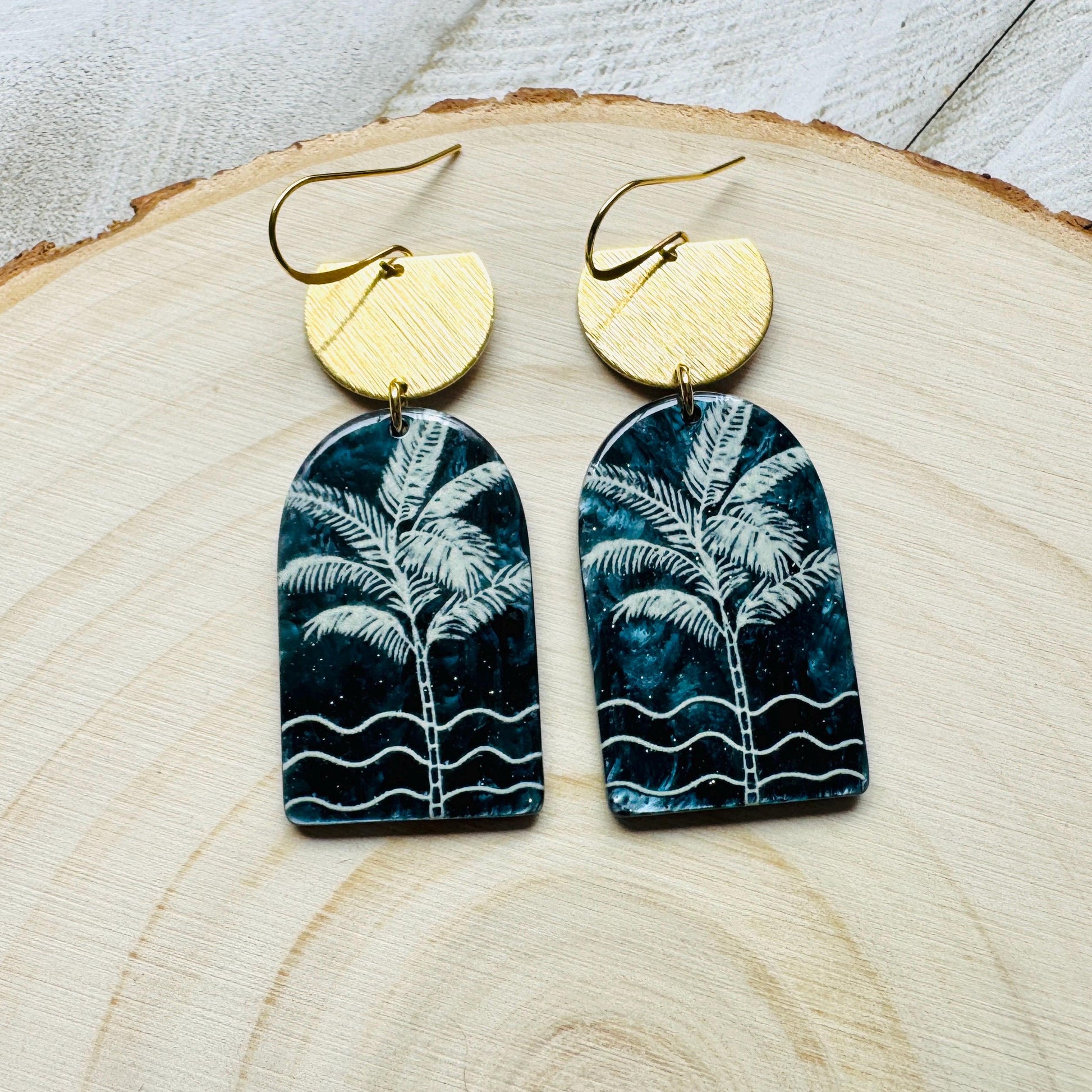 Palm Tree Earrings, Tropical Plant Earrings, Vacation Jewelry, Brass Dangle Earrings, Anniversary Gift for Girlfriend, Bridesmaid Jewelry