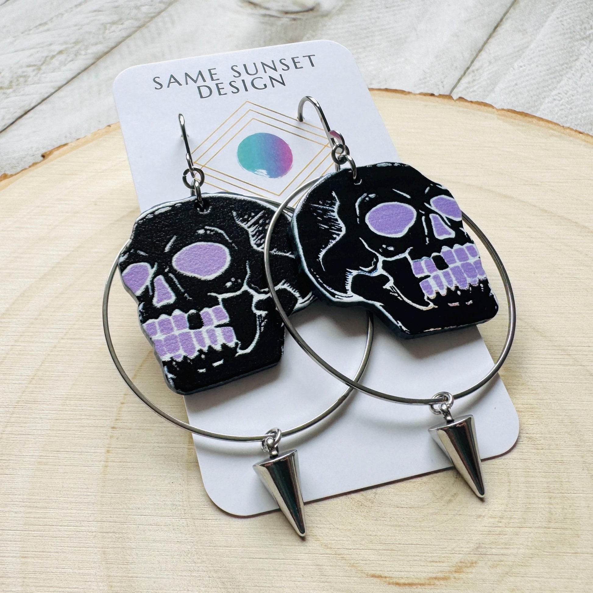 Skull Earrings, Spike Earrings, Punk Jewelry, Industrial Earrings, Pastel Goth, Gothic Earrings for Women, Birthday Gift for Mom, Purple