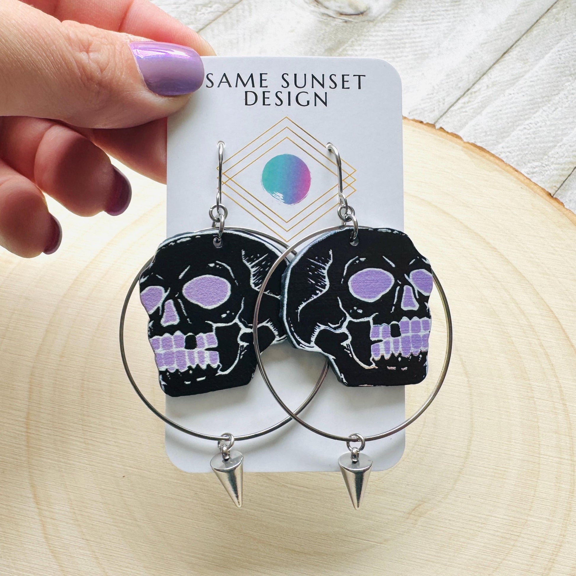 Skull Earrings, Spike Earrings, Punk Jewelry, Industrial Earrings, Pastel Goth, Gothic Earrings for Women, Birthday Gift for Mom, Purple