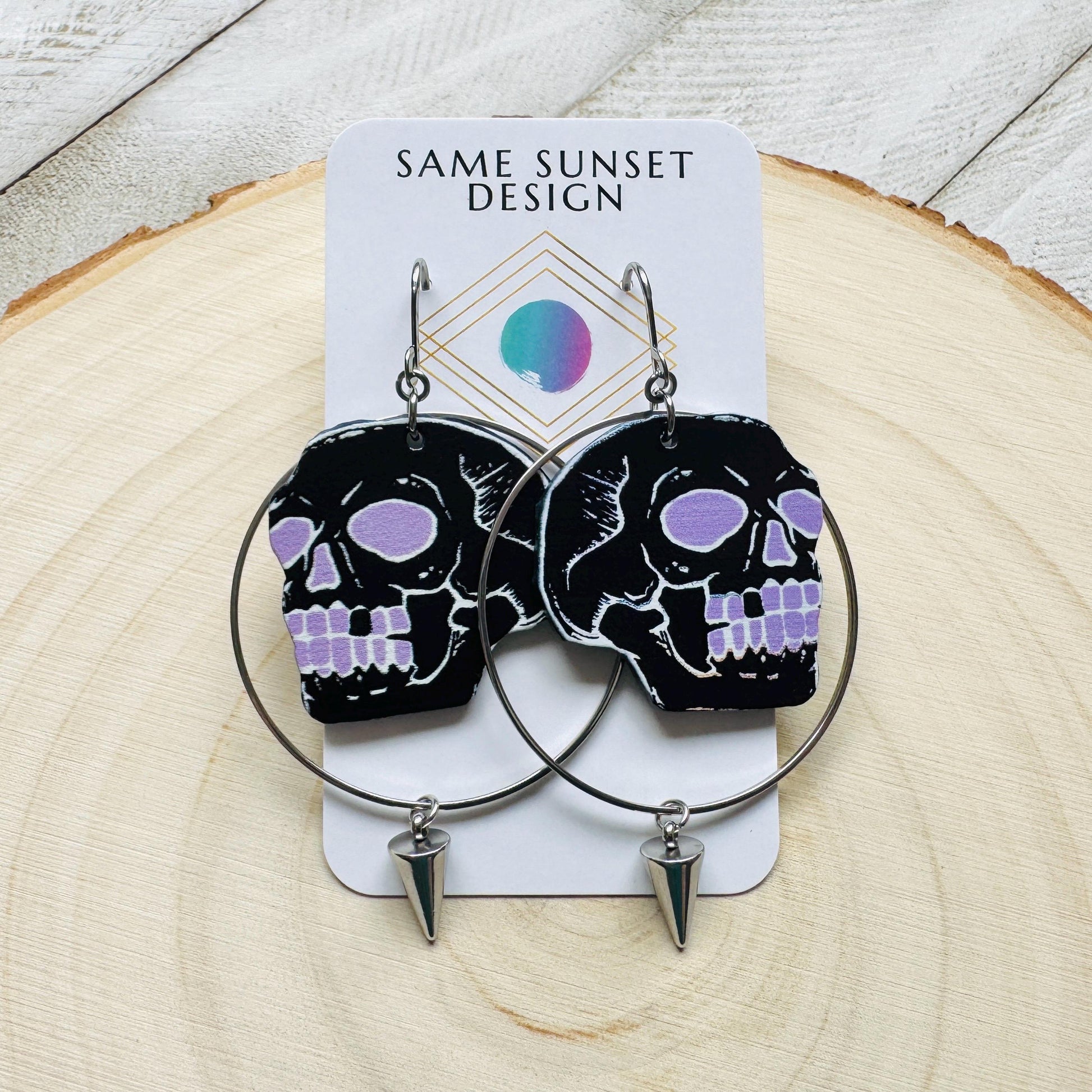 Skull Earrings, Spike Earrings, Punk Jewelry, Industrial Earrings, Pastel Goth, Gothic Earrings for Women, Birthday Gift for Mom, Purple
