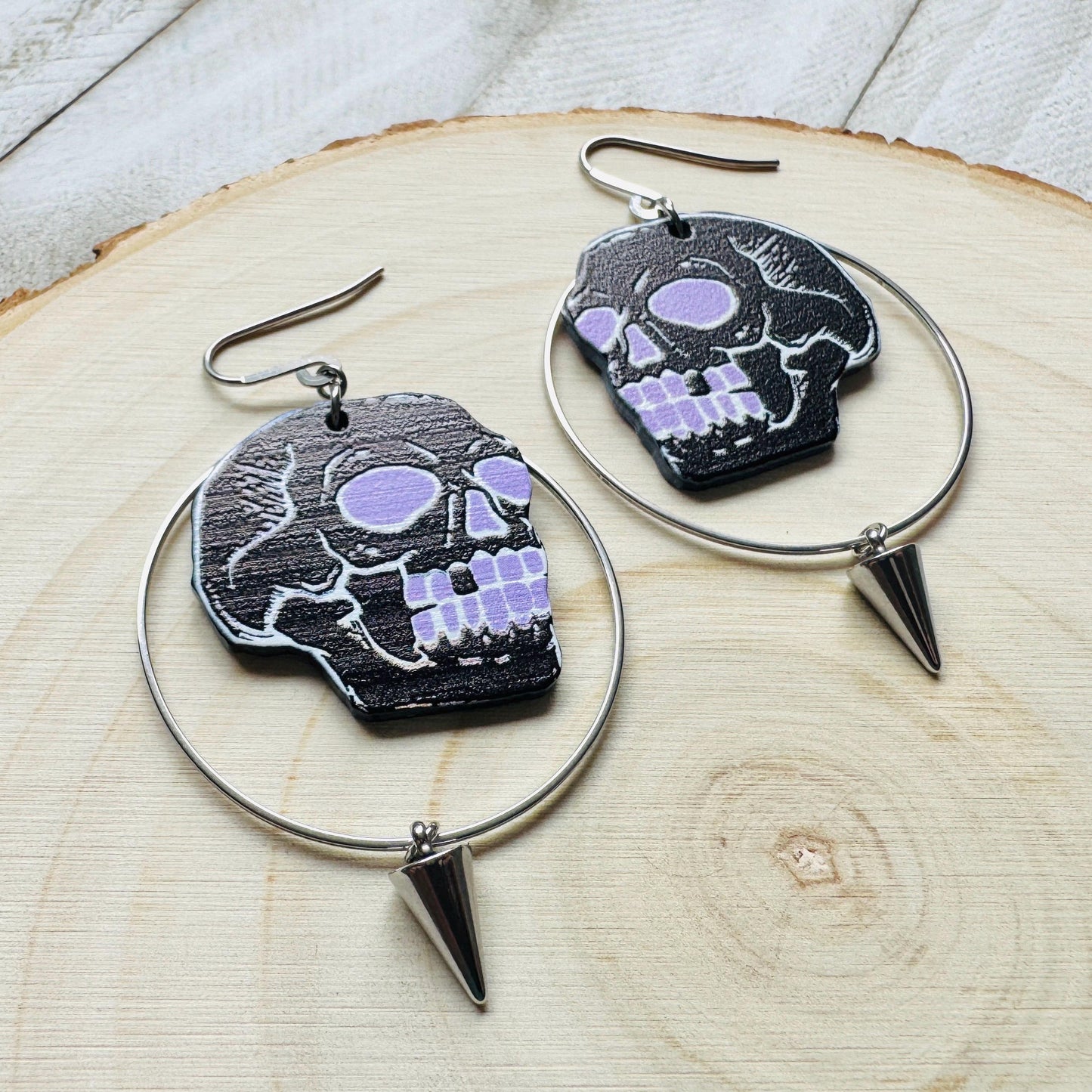 Skull Earrings, Spike Earrings, Punk Jewelry, Industrial Earrings, Pastel Goth, Gothic Earrings for Women, Birthday Gift for Mom, Purple
