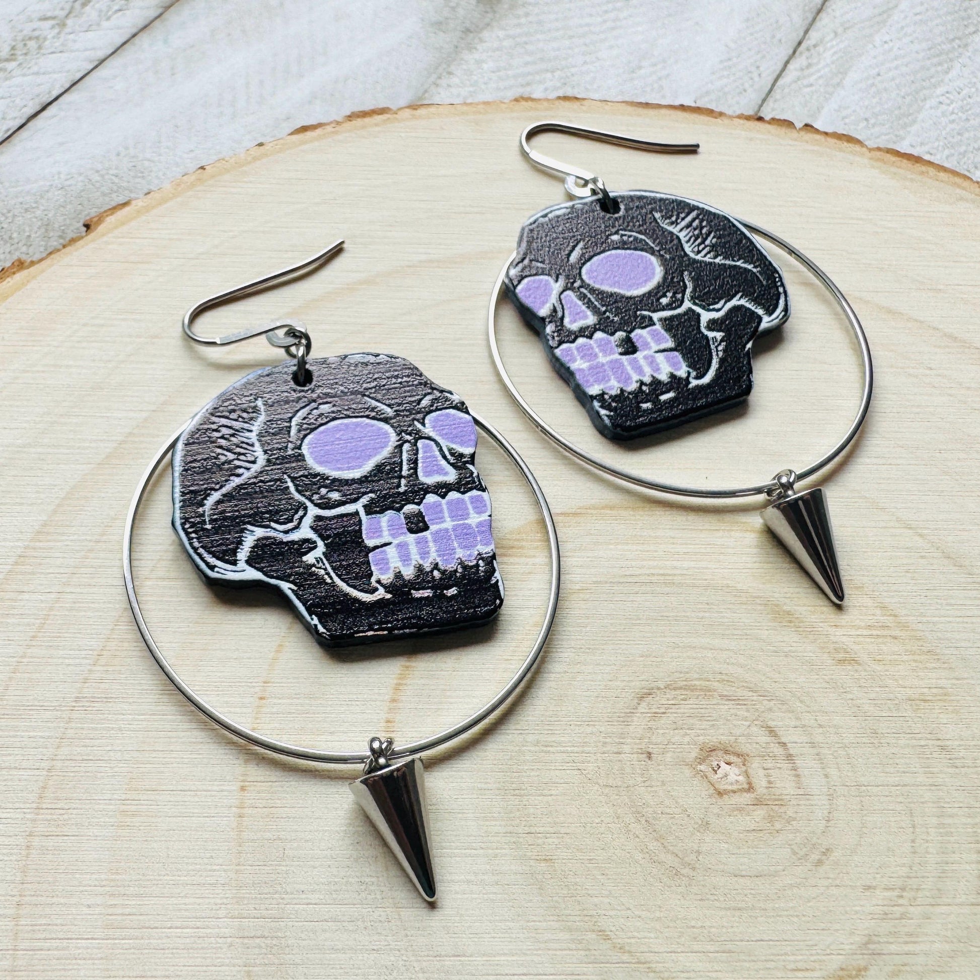 Skull Earrings, Spike Earrings, Punk Jewelry, Industrial Earrings, Pastel Goth, Gothic Earrings for Women, Birthday Gift for Mom, Purple