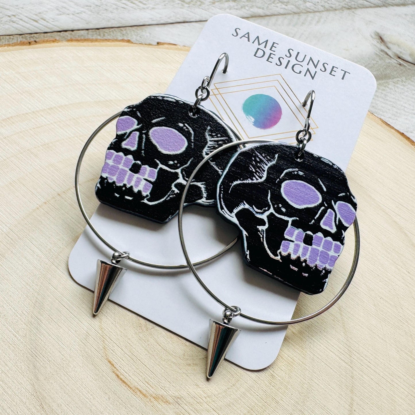 Skull Earrings, Spike Earrings, Punk Jewelry, Industrial Earrings, Pastel Goth, Gothic Earrings for Women, Birthday Gift for Mom, Purple