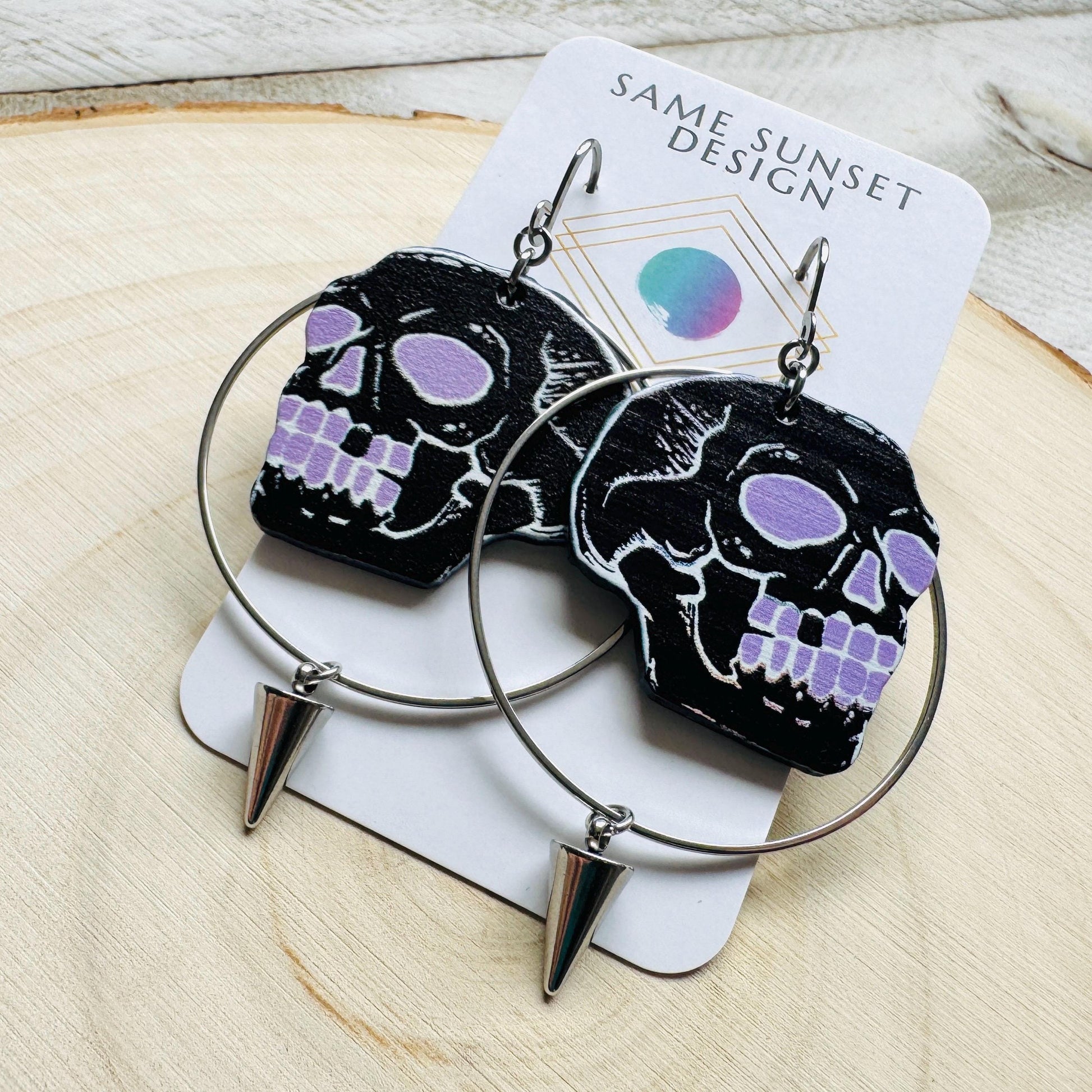 Skull Earrings, Spike Earrings, Punk Jewelry, Industrial Earrings, Pastel Goth, Gothic Earrings for Women, Birthday Gift for Mom, Purple