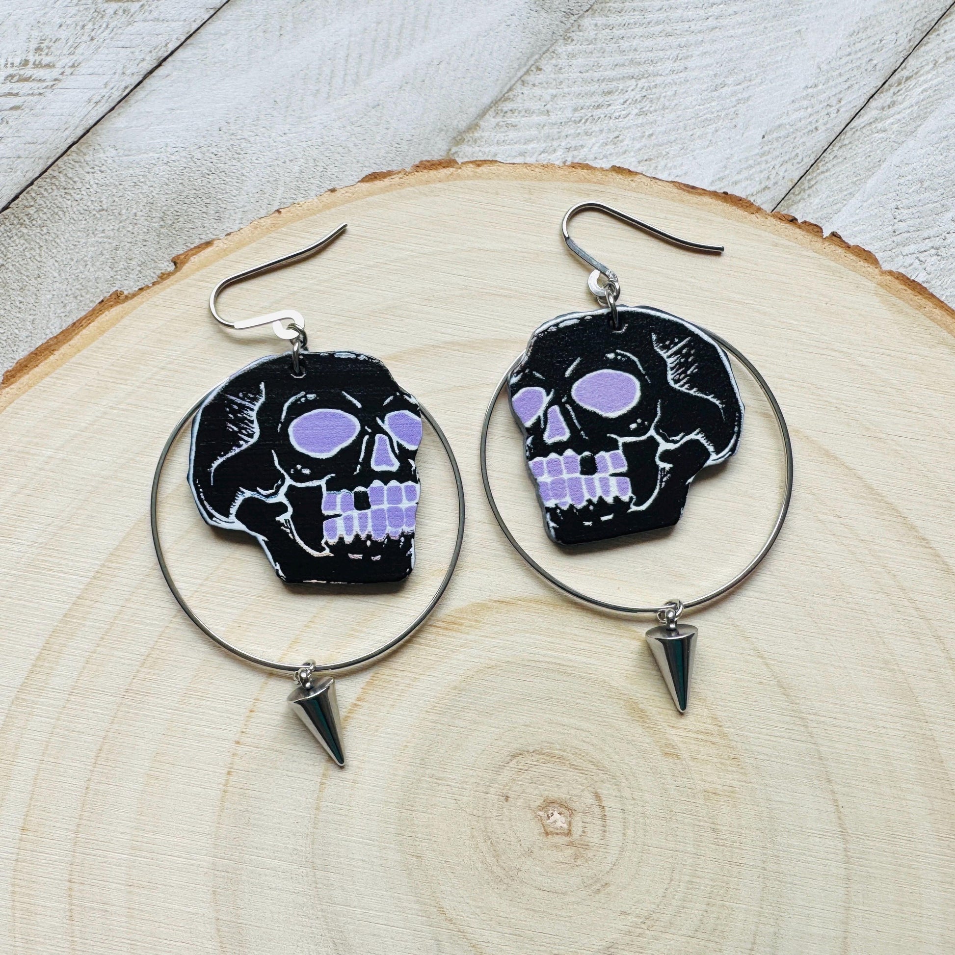 Skull Earrings, Spike Earrings, Punk Jewelry, Industrial Earrings, Pastel Goth, Gothic Earrings for Women, Birthday Gift for Mom, Purple