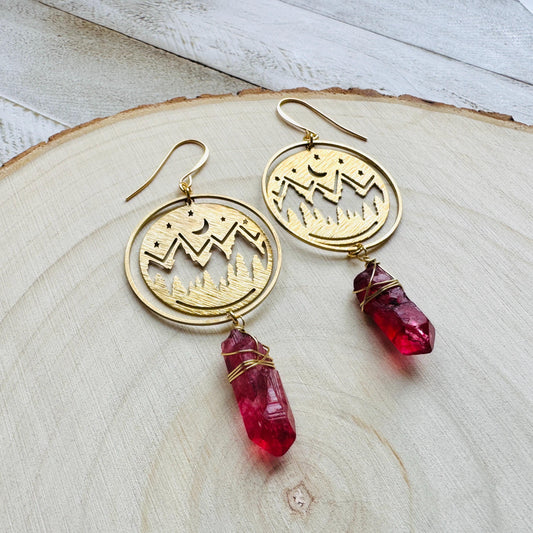 Mountain Earrings, Red Quartz Drop Earrings, Quartz Earrings, Celestial Earrings Gold, Corporate Goth, Unique Gifts for Women Birthday
