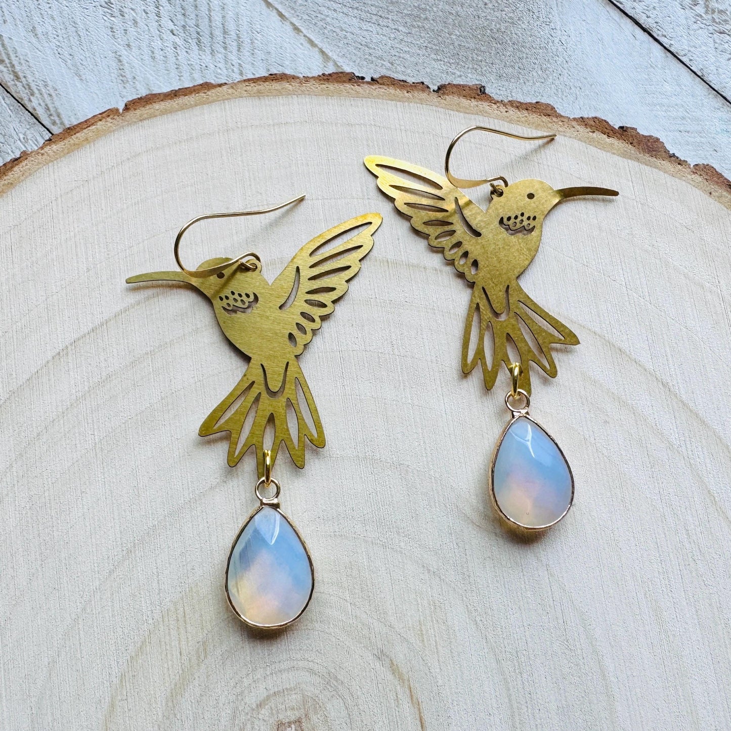 Hummingbird Earrings, Opalite Earrings, Bird Earrings, Modern Chic Jewelry, Unique Gifts for Birthday, Science Teacher Gift, Bridal Jewelry