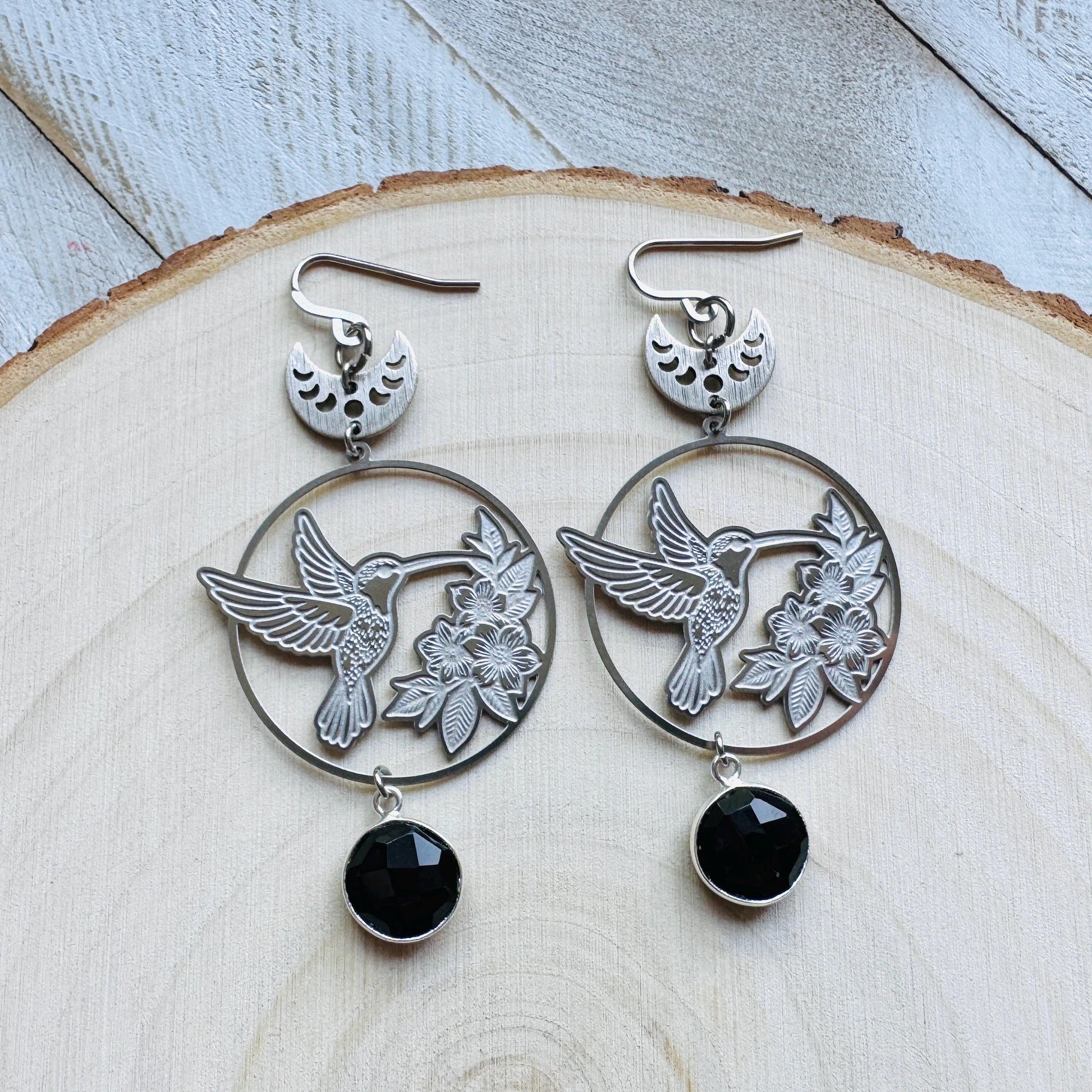 Hummingbird Earrings, Onyx Earrings, Bird Earrings, Modern Chic Jewelry, Unique Gifts for Birthday, Science Teacher Gift, Bridal Jewelry