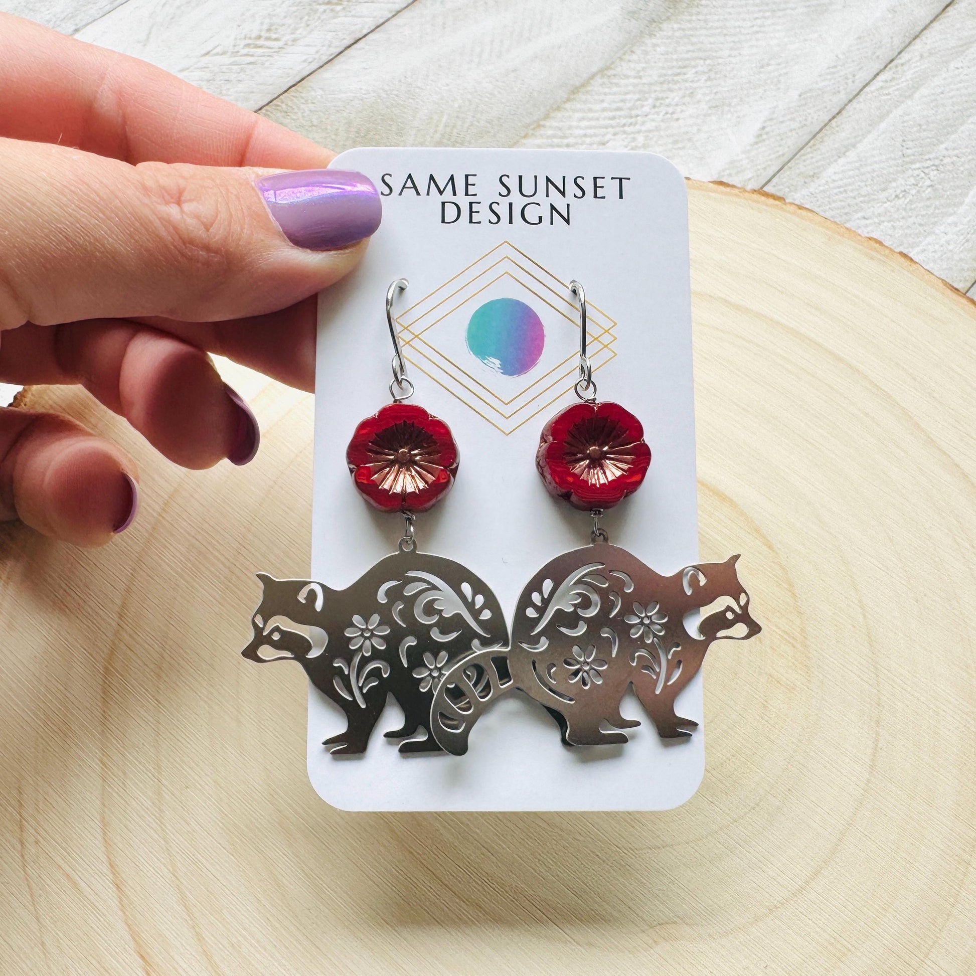 Raccoon Earrings, Animal Earrings Silver, Glass Flower Earrings, Earrings for Wedding Day, Cottagecore Jewelry, Unique Birthday Gift for Mom